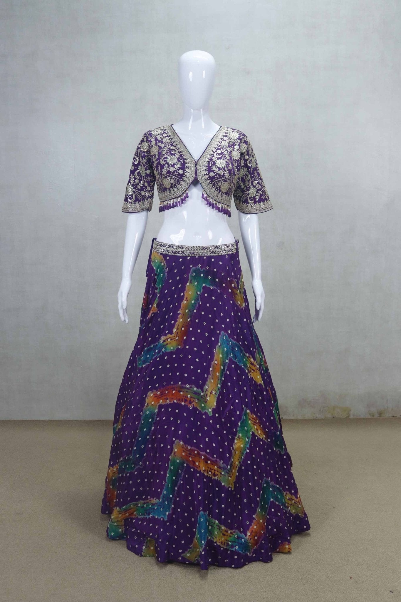Royal Purple Bandhani Printed Lehenga with Heavy Embroidered Blouse and Dupatta - Mangaldeep NX