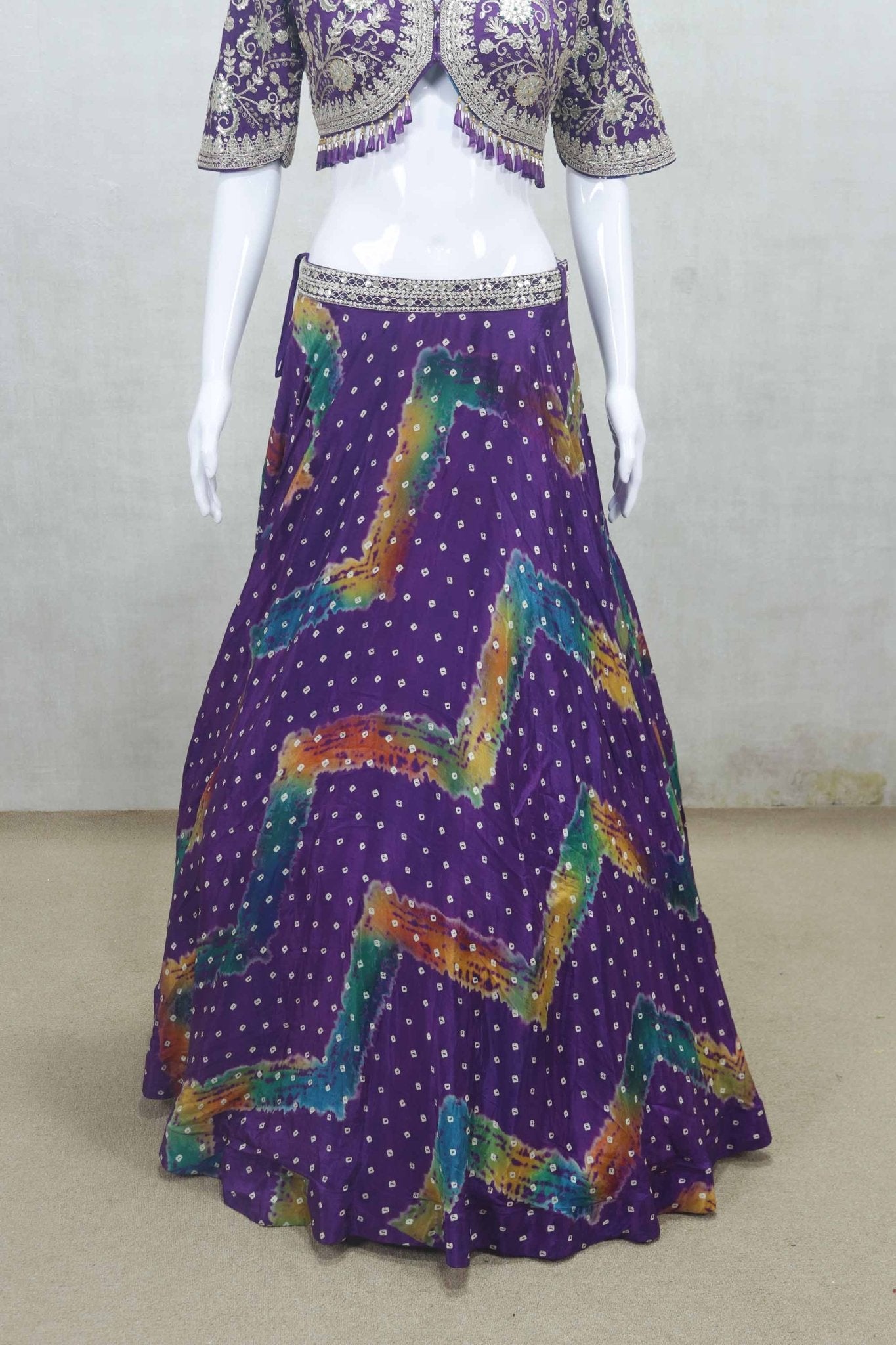 Royal Purple Bandhani Printed Lehenga with Heavy Embroidered Blouse and Dupatta - Mangaldeep NX