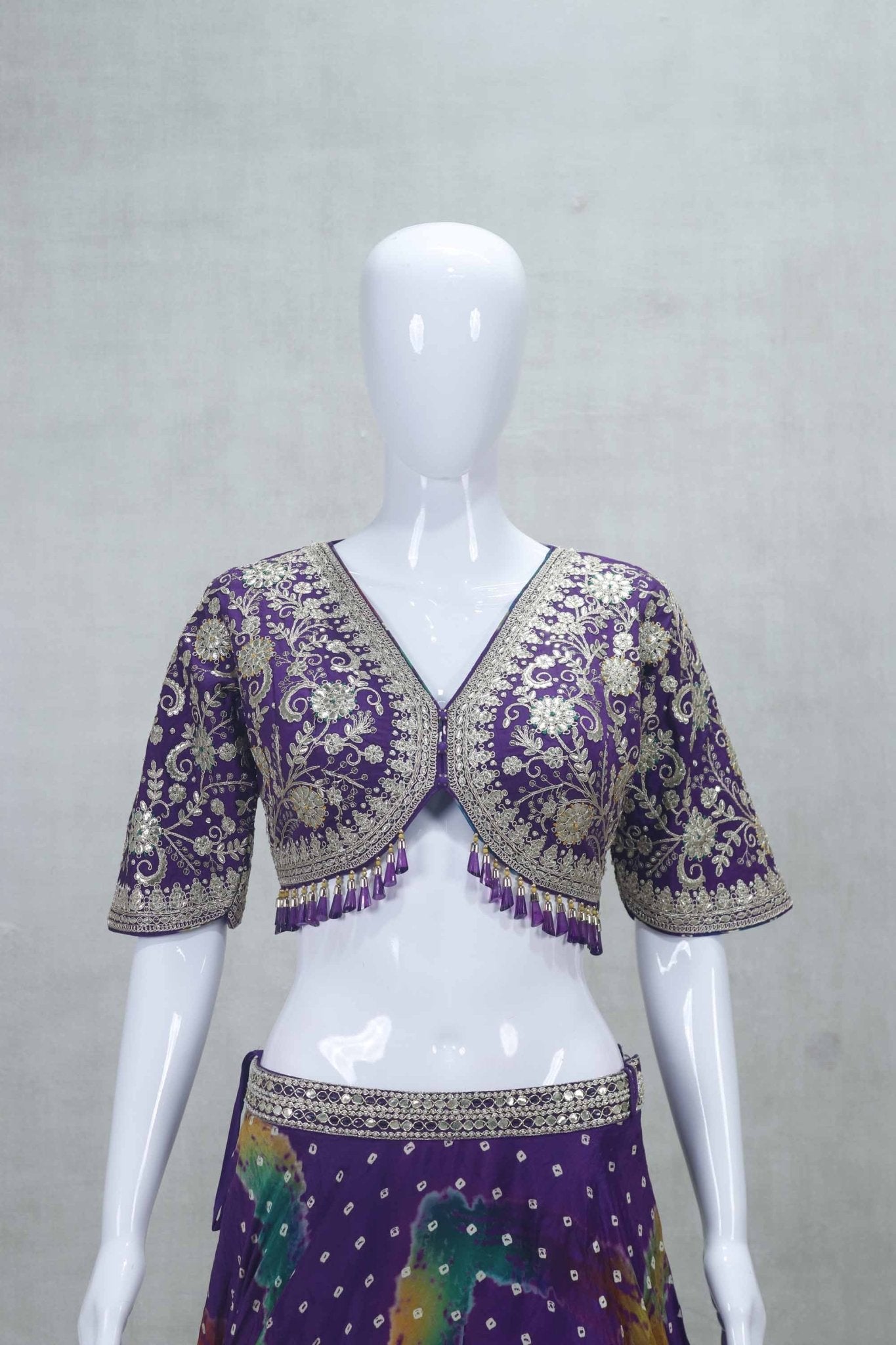 Royal Purple Bandhani Printed Lehenga with Heavy Embroidered Blouse and Dupatta - Mangaldeep NX