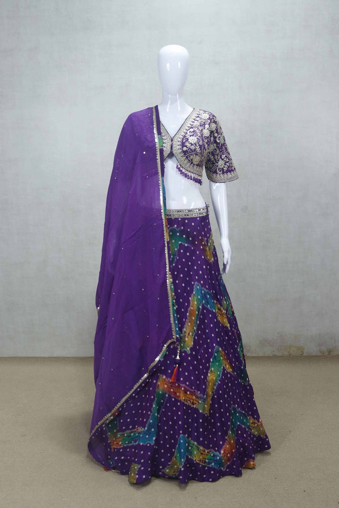 Royal Purple Bandhani Printed Lehenga with Heavy Embroidered Blouse and Dupatta - Mangaldeep NX