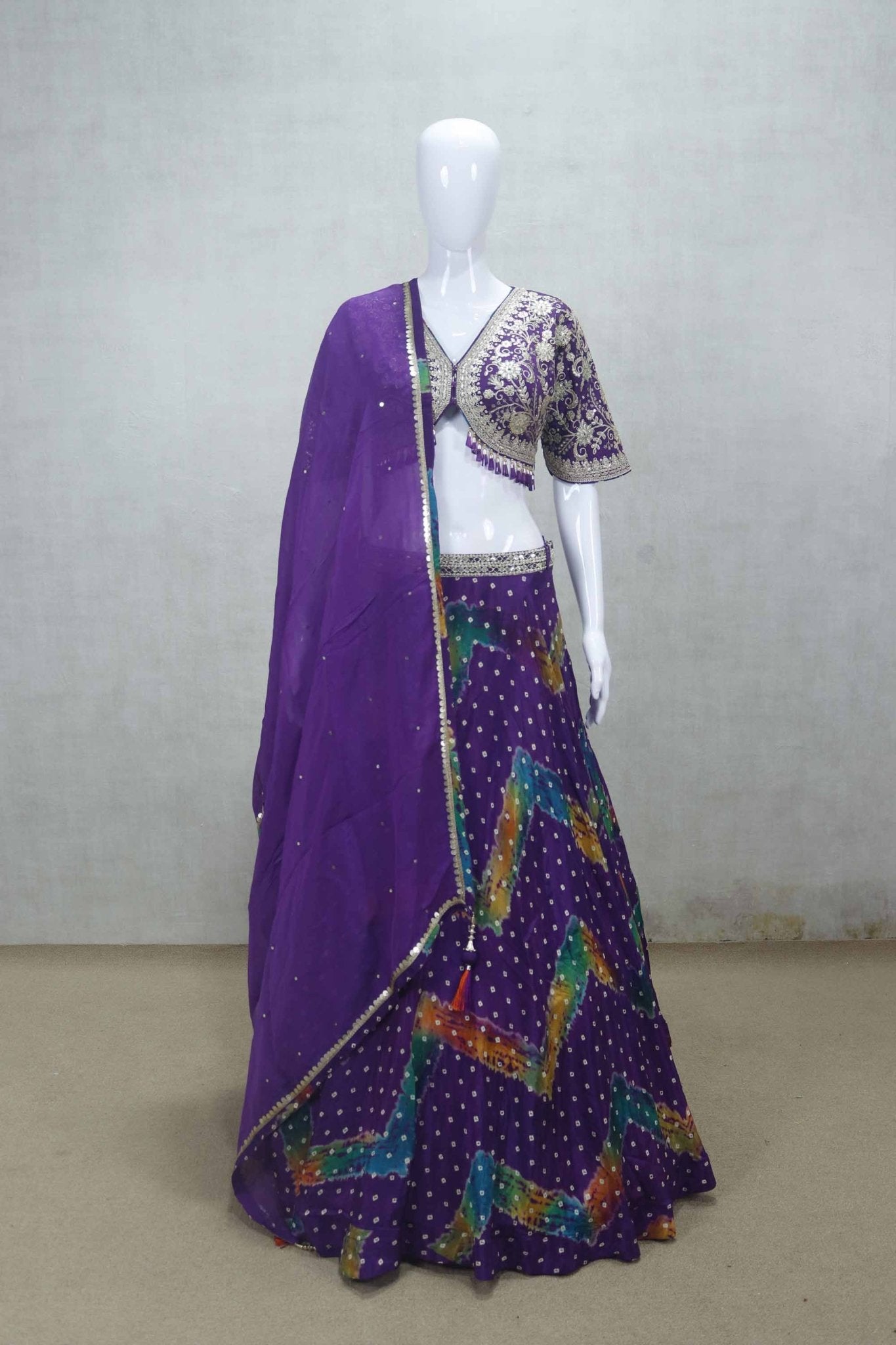 Royal Purple Bandhani Printed Lehenga with Heavy Embroidered Blouse and Dupatta - Mangaldeep NX