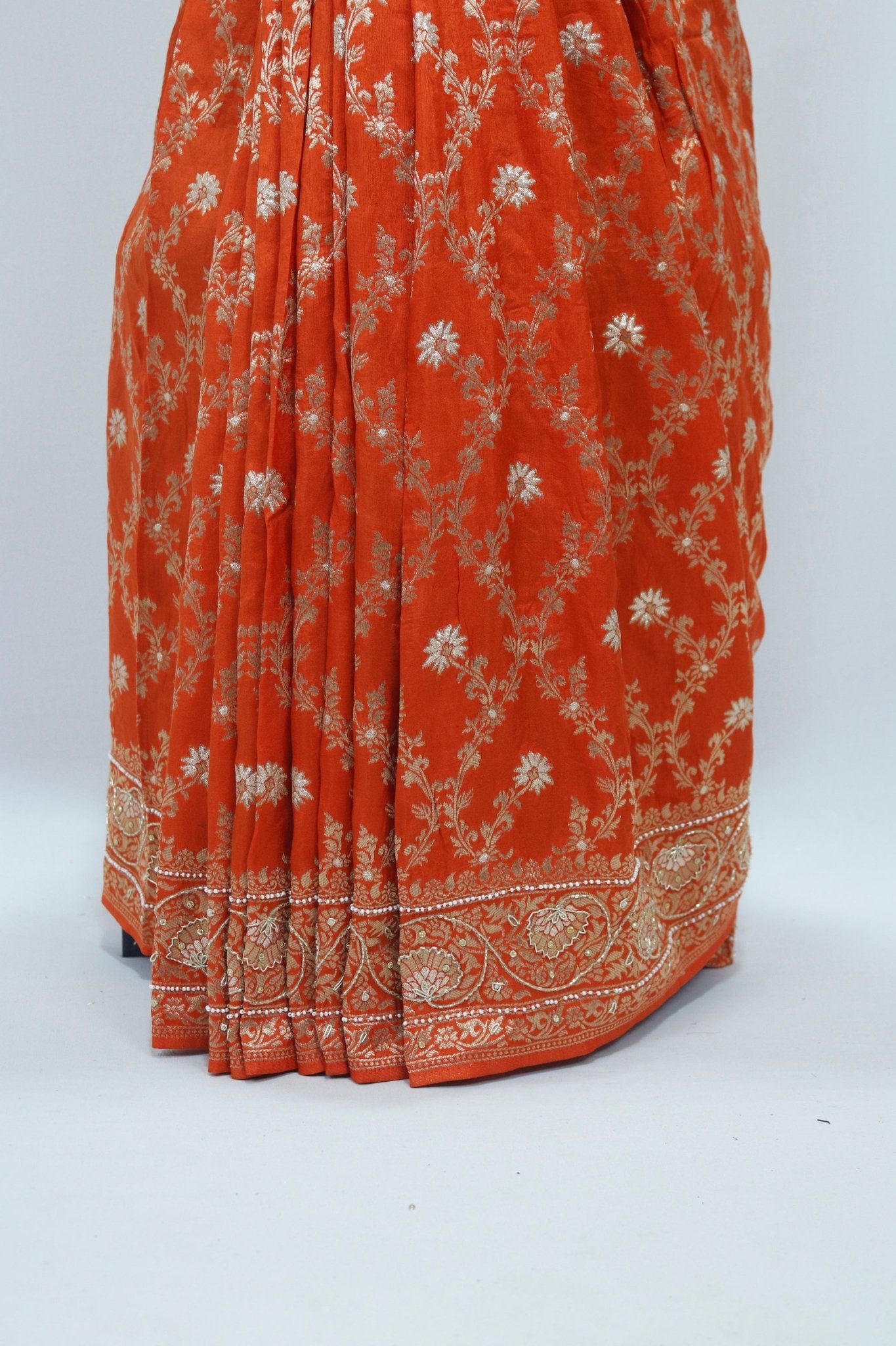 Rust Orange Banarasi Silk Saree Motifs Wedding Festive Wear - Mangaldeep NX
