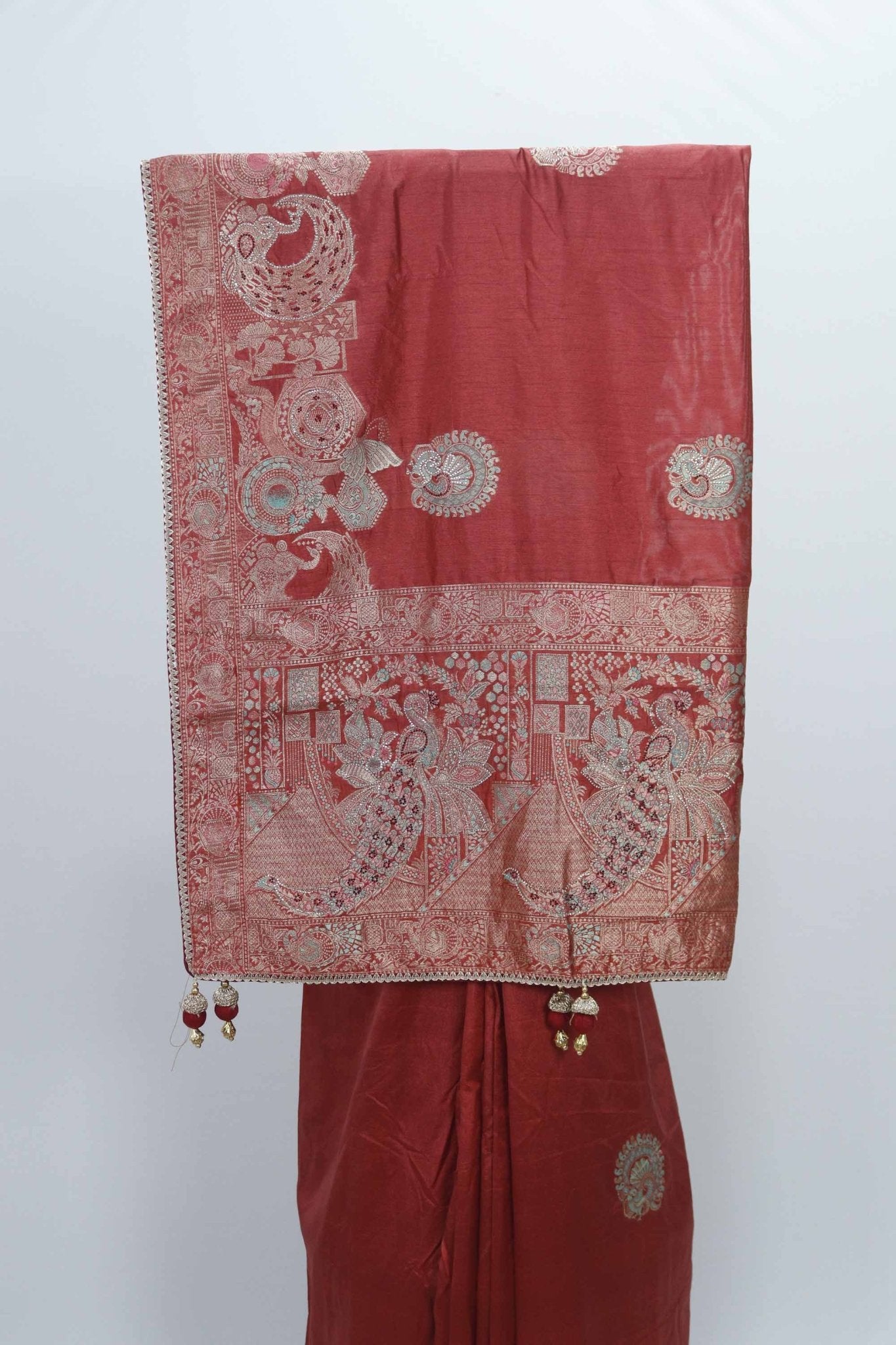 Rust Orange Banarasi Silk Saree with Silver Zari Embroidery and Peacock Motifs - Mangaldeep NX