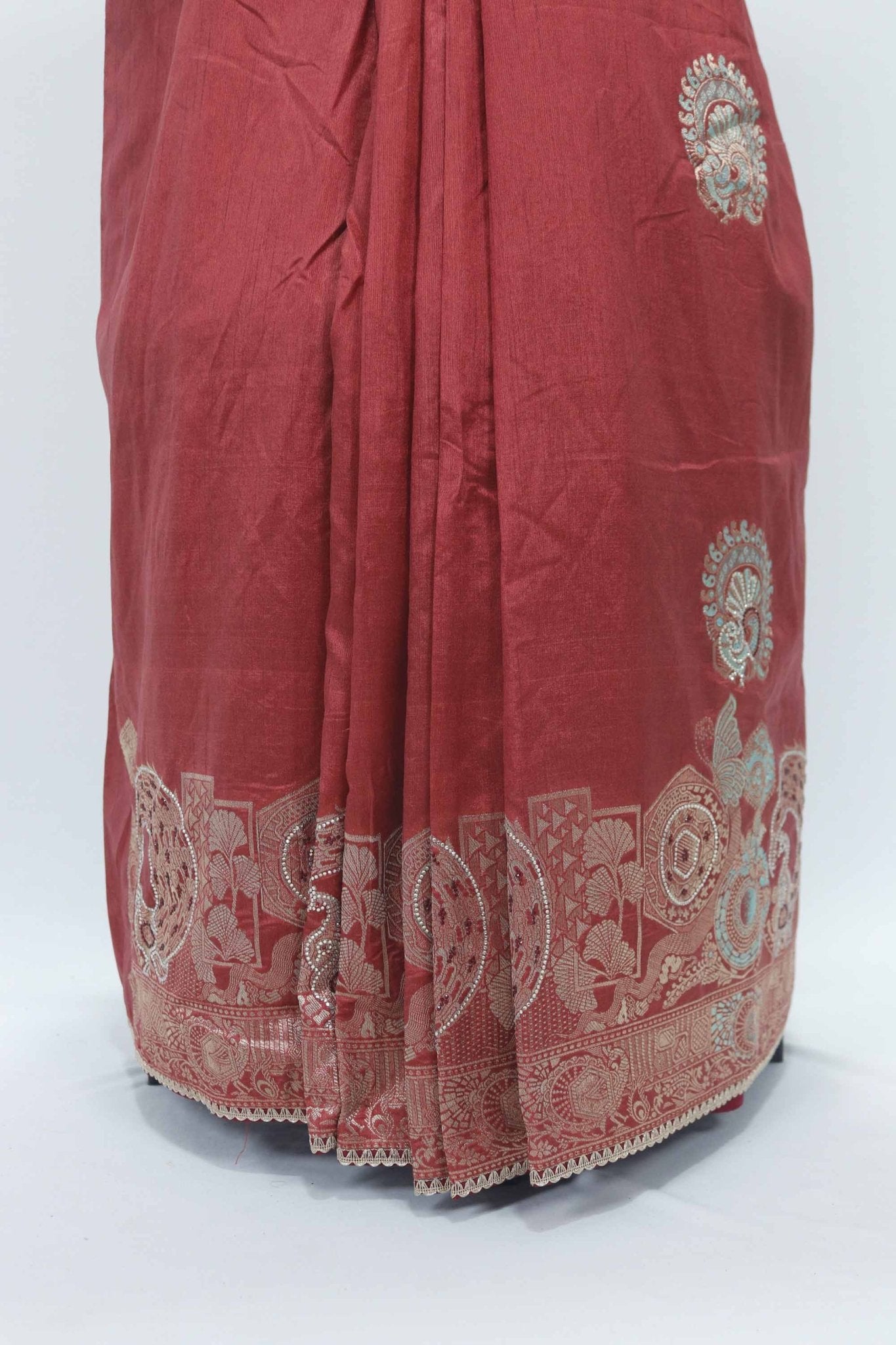 Rust Orange Banarasi Silk Saree with Silver Zari Embroidery and Peacock Motifs - Mangaldeep NX