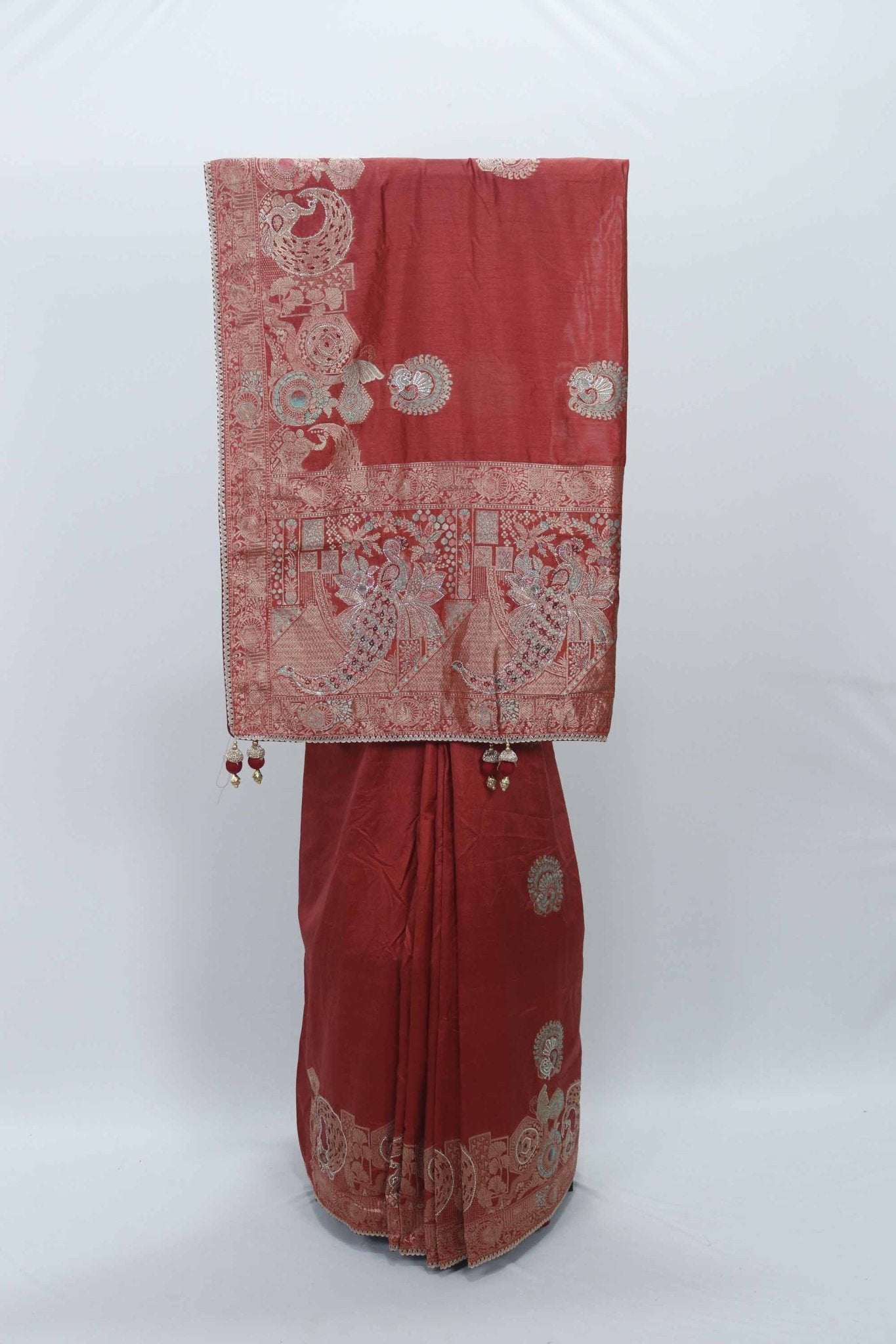 Rust Orange Banarasi Silk Saree with Silver Zari Embroidery and Peacock Motifs - Mangaldeep NX
