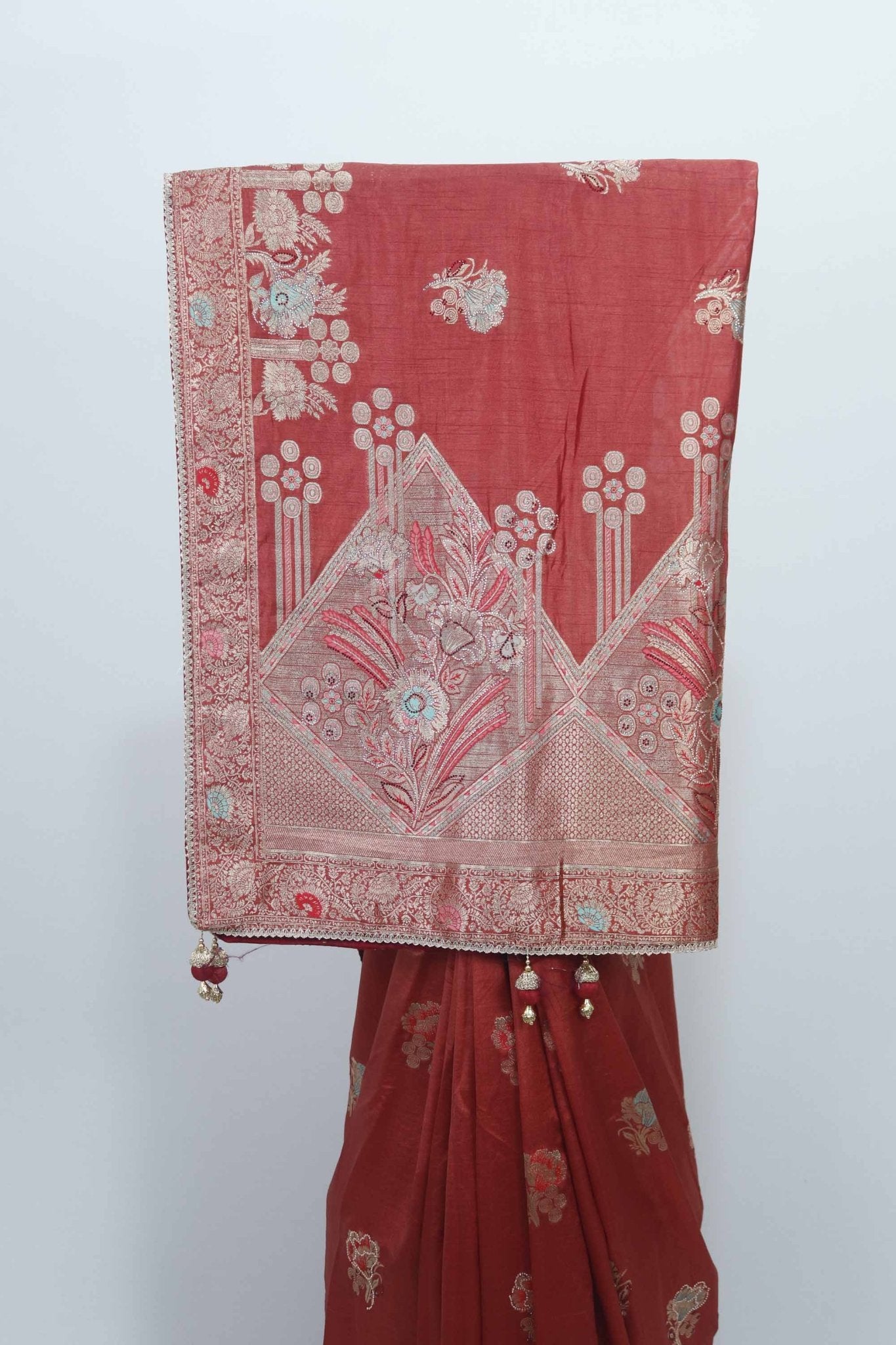 Rust Orange Bangalori Silk Saree with Silver Zari Floral Embroidery and Beaded Tassel Pallu - Mangaldeep NX