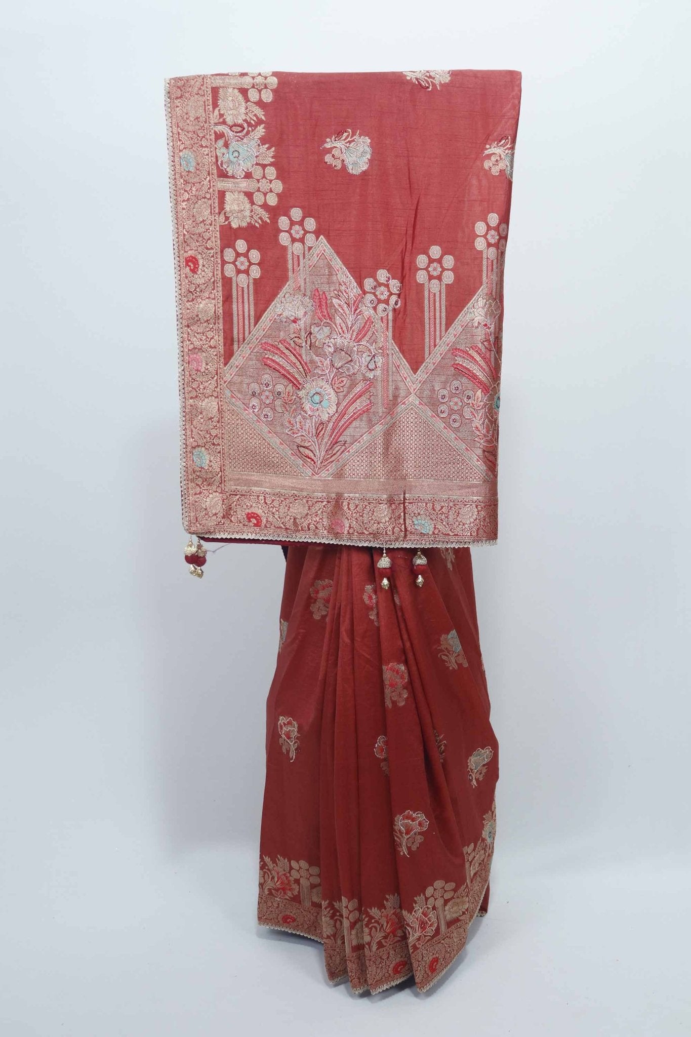 Rust Orange Bangalori Silk Saree with Silver Zari Floral Embroidery and Beaded Tassel Pallu - Mangaldeep NX