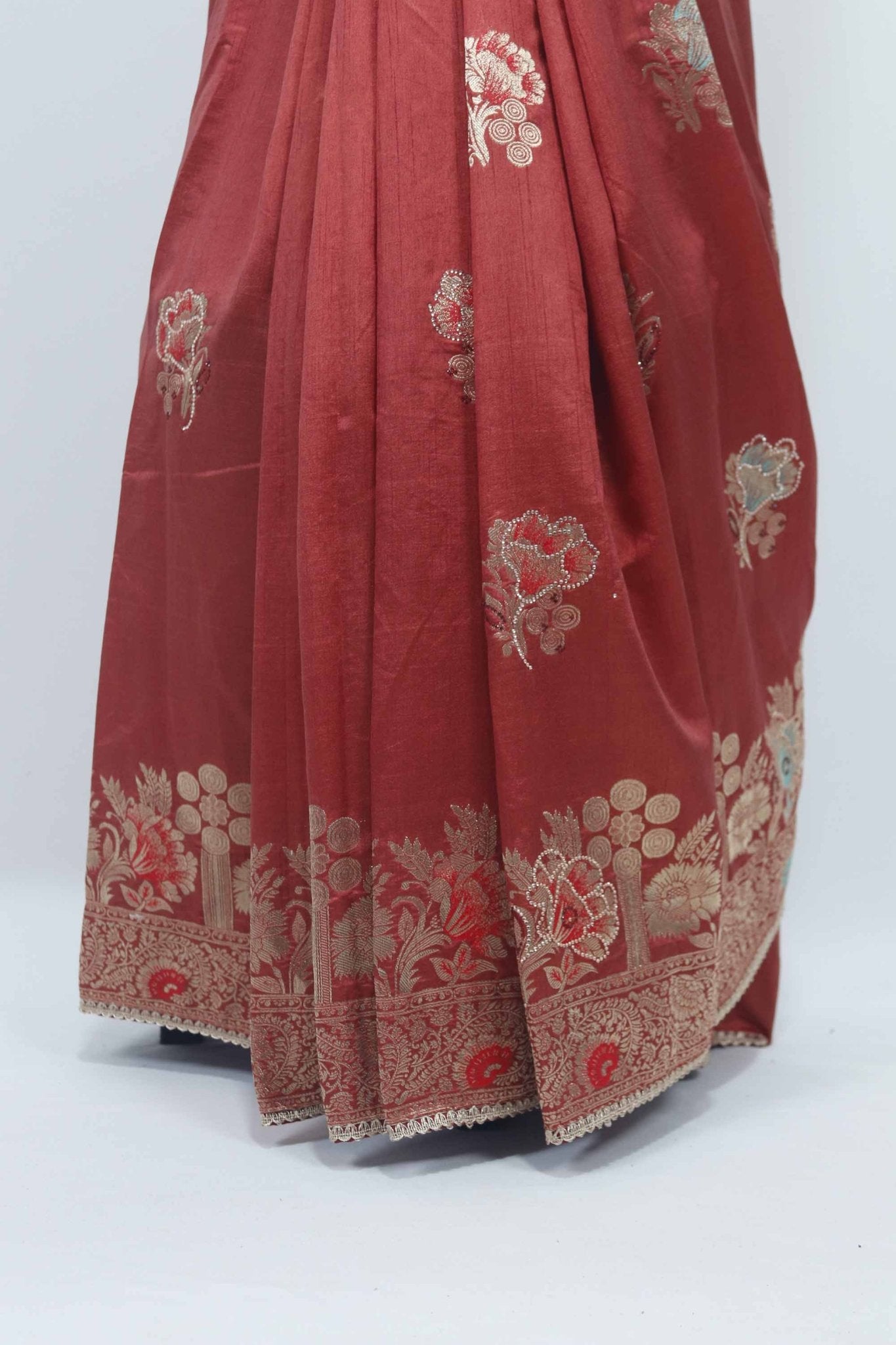 Rust Orange Bangalori Silk Saree with Silver Zari Floral Embroidery and Beaded Tassel Pallu - Mangaldeep NX