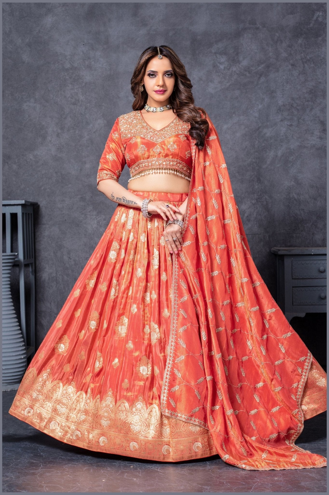 Rust Orange Embroidered Silk Lehenga Choli with Dupatta - Mangaldeep NX