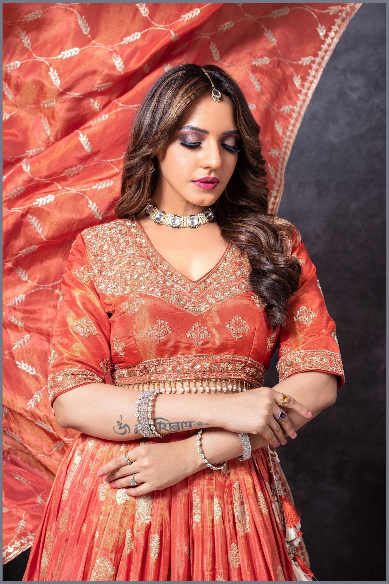 Rust Orange Embroidered Silk Lehenga Choli with Dupatta - Mangaldeep NX