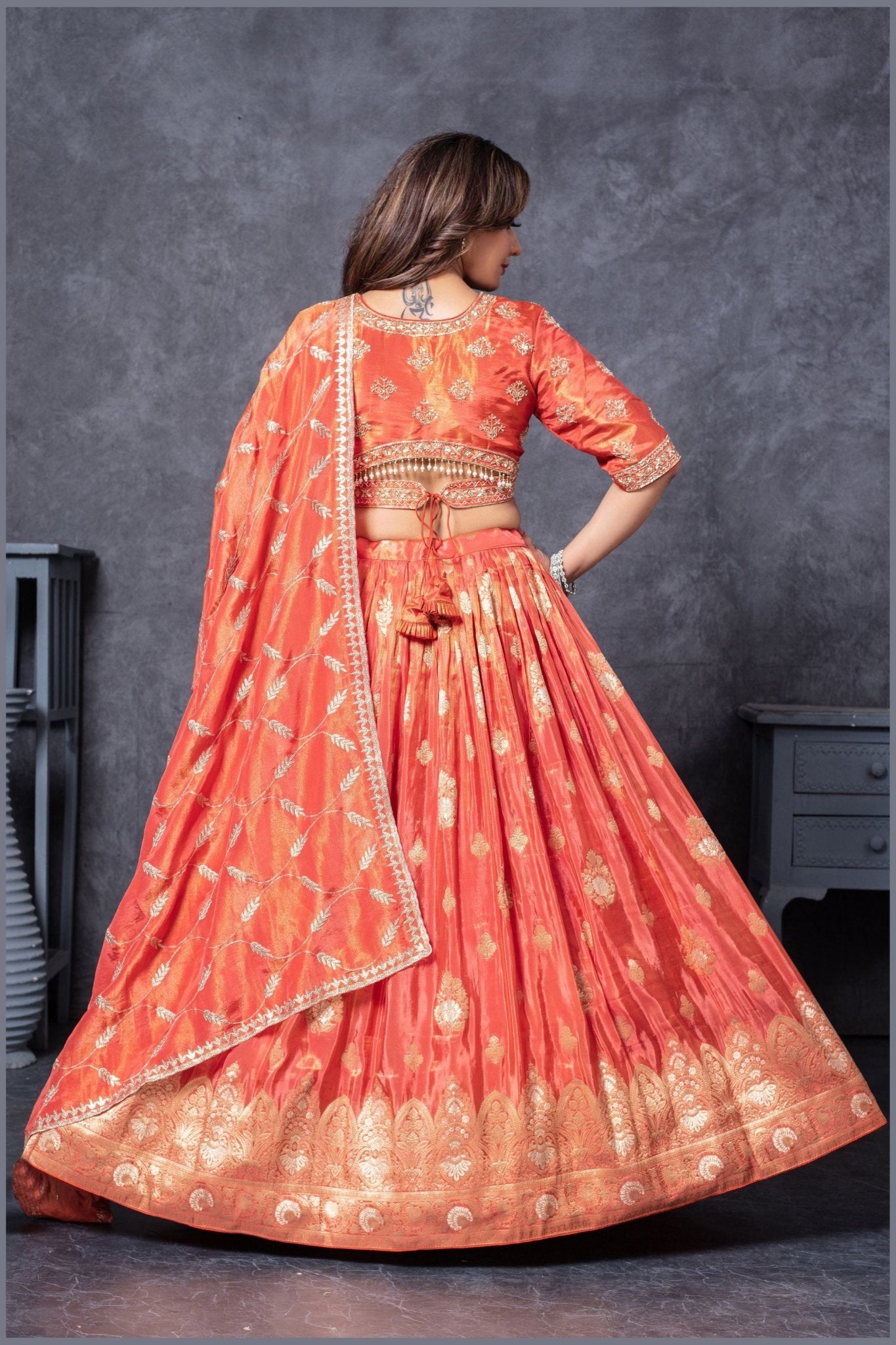 Rust Orange Embroidered Silk Lehenga Choli with Dupatta - Mangaldeep NX