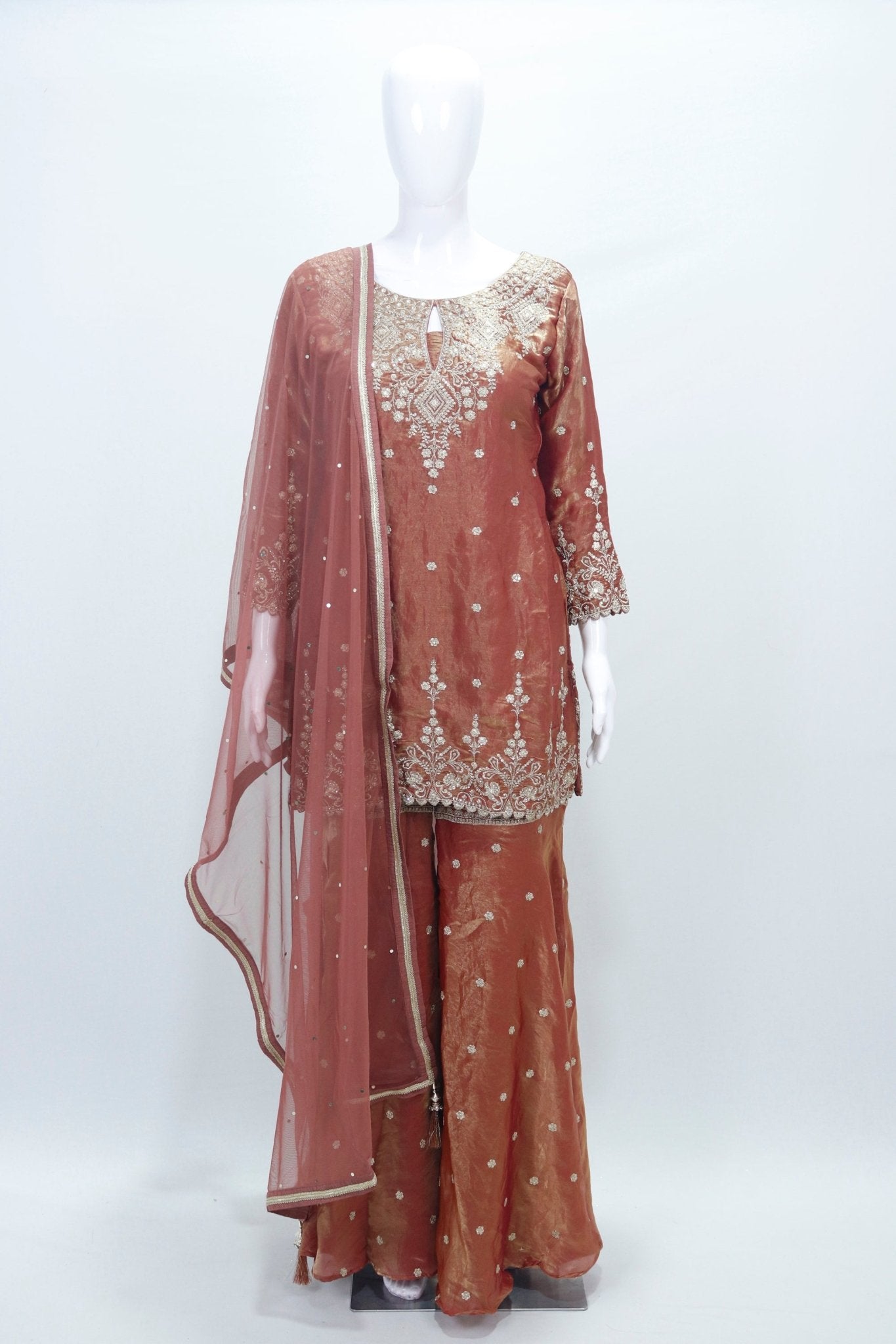 Rust Orange Embroidered Silk Palazzo Suit with Dupatta - Mangaldeep NX