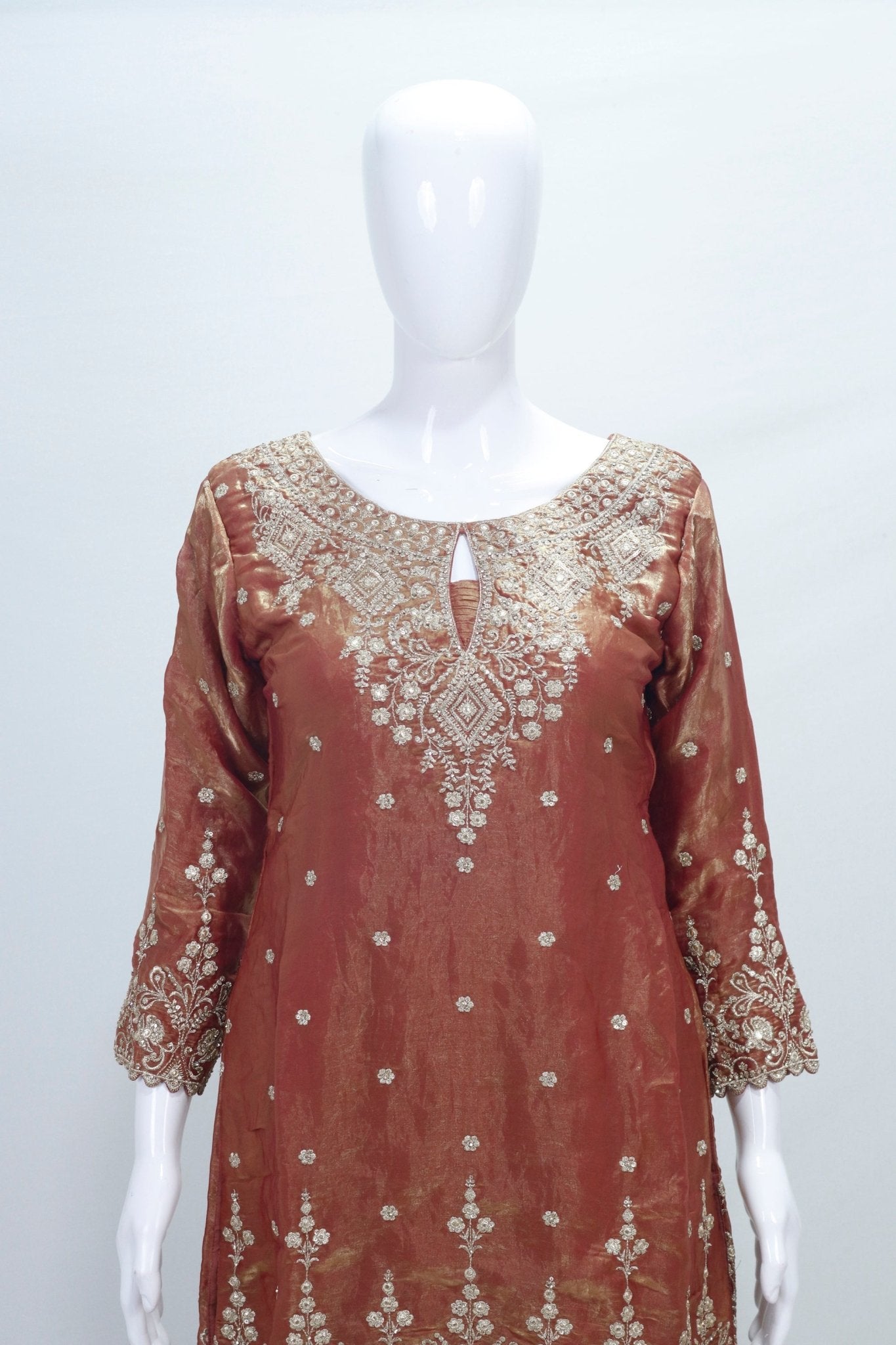 Rust Orange Embroidered Silk Palazzo Suit with Dupatta - Mangaldeep NX