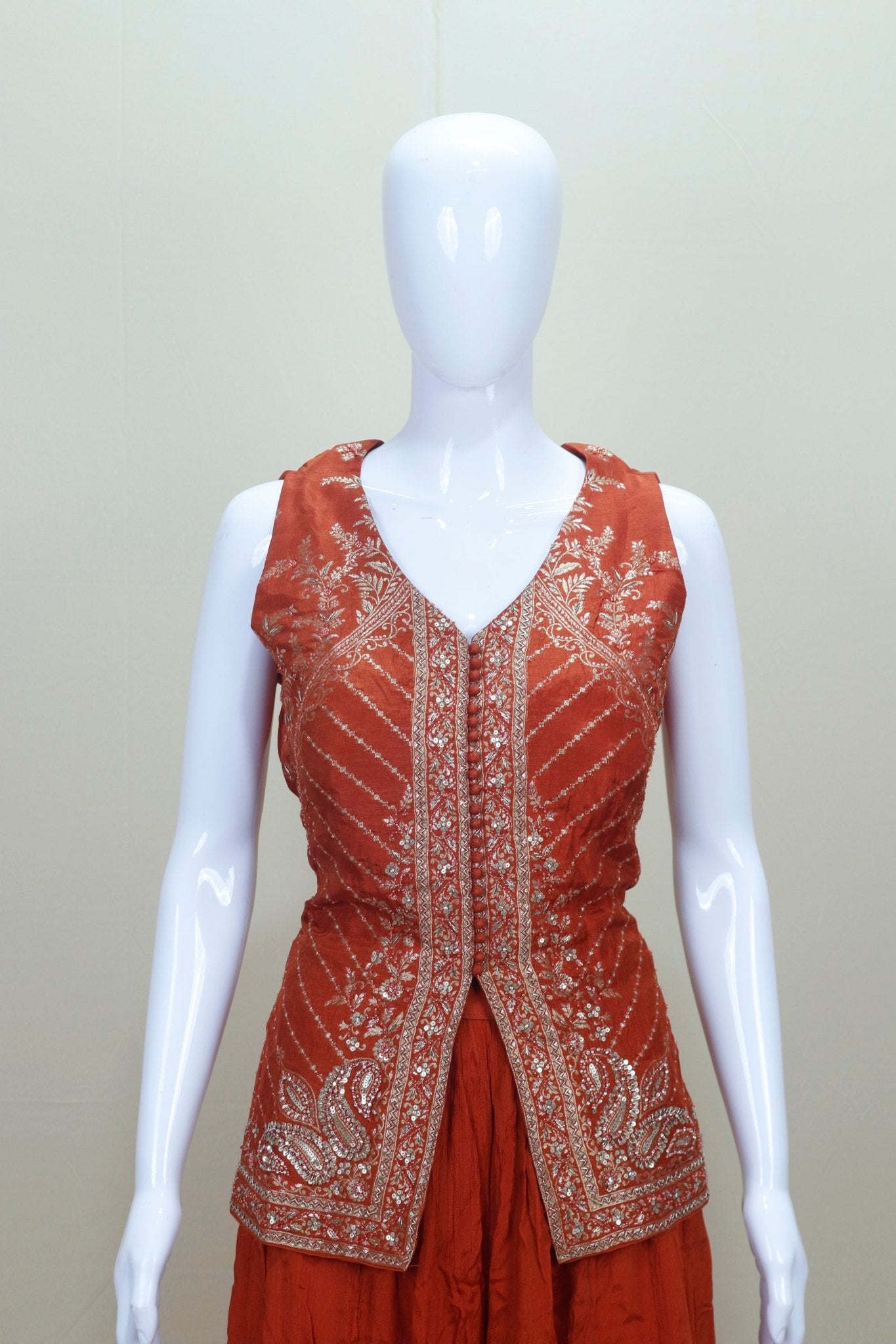 Rust Orange Indo - Western Sharara Set with Embroidered Peplum Kurti and Dupatta - Mangaldeep NX
