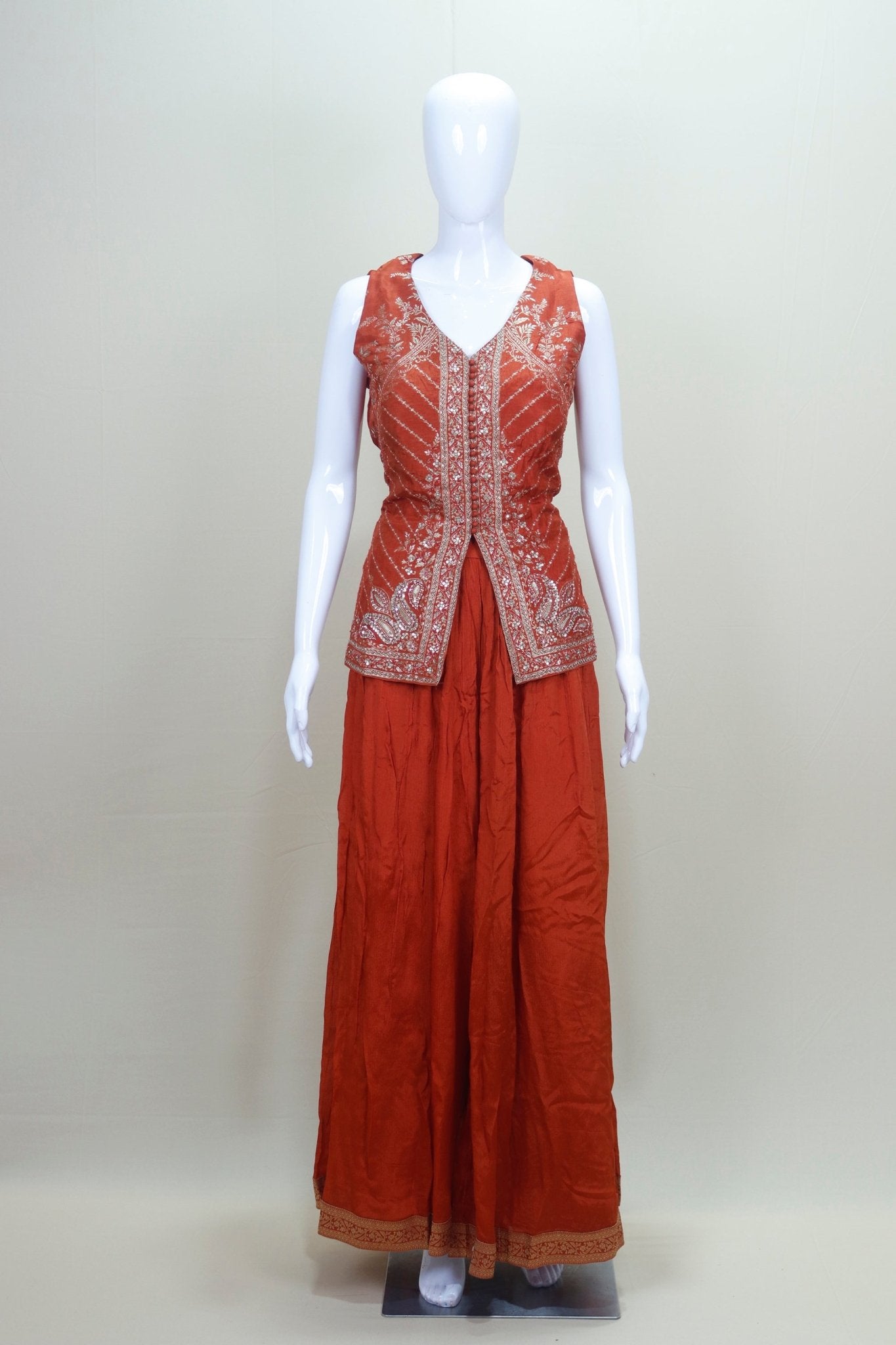 Rust Orange Indo - Western Sharara Set with Embroidered Peplum Kurti and Dupatta - Mangaldeep NX