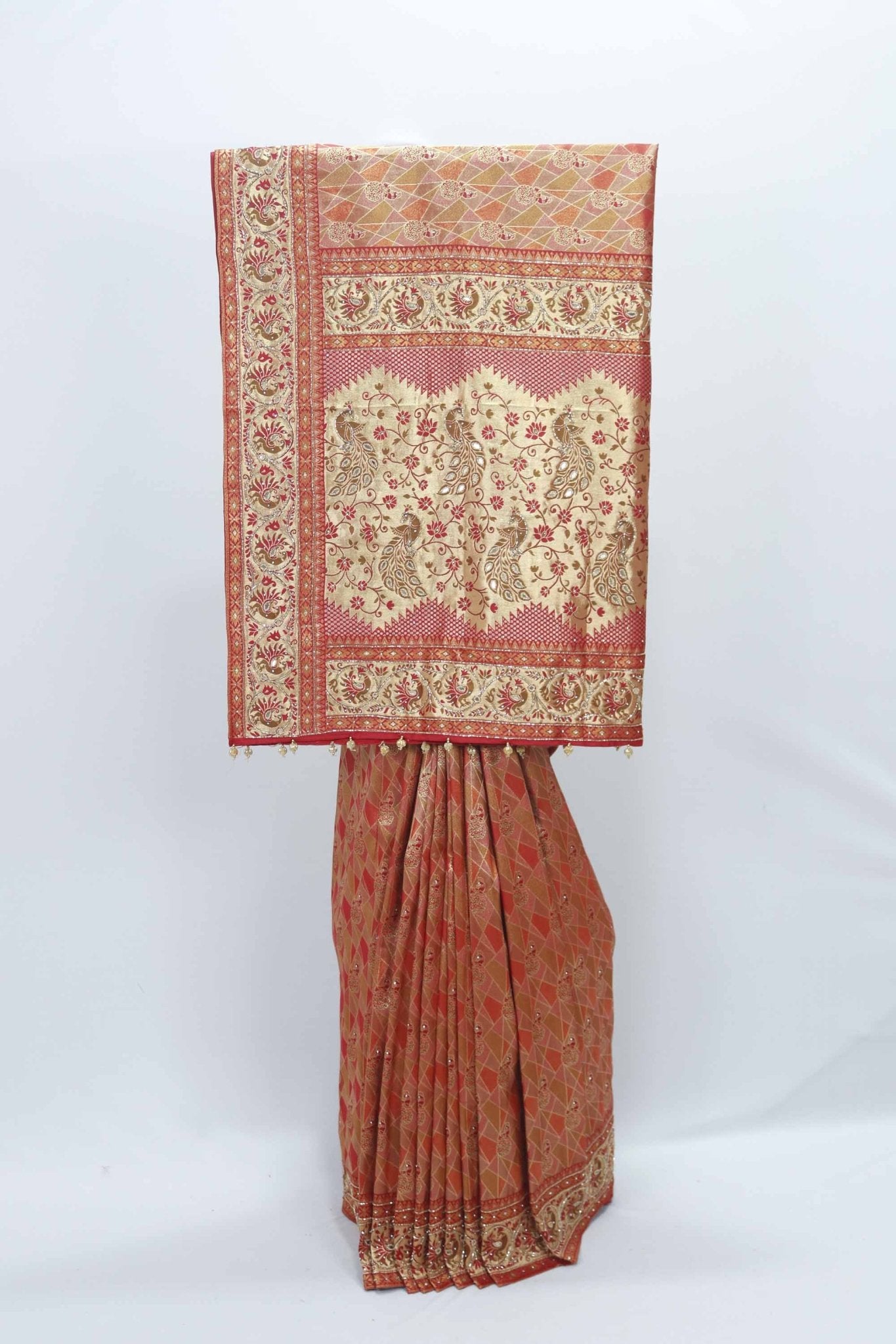 Rust Orange Kanjivaram Silk Saree with Cream Zari Woven Pallu - Mangaldeep NX