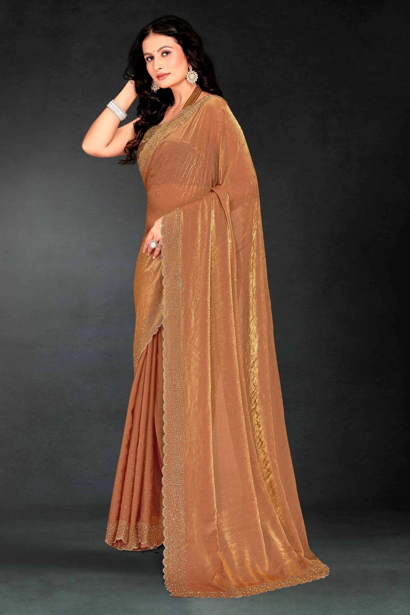 Rust Orange Sequin Embellished Party Wear Fandy Silk Saree with Golden Scallop Border - Mangaldeep NX