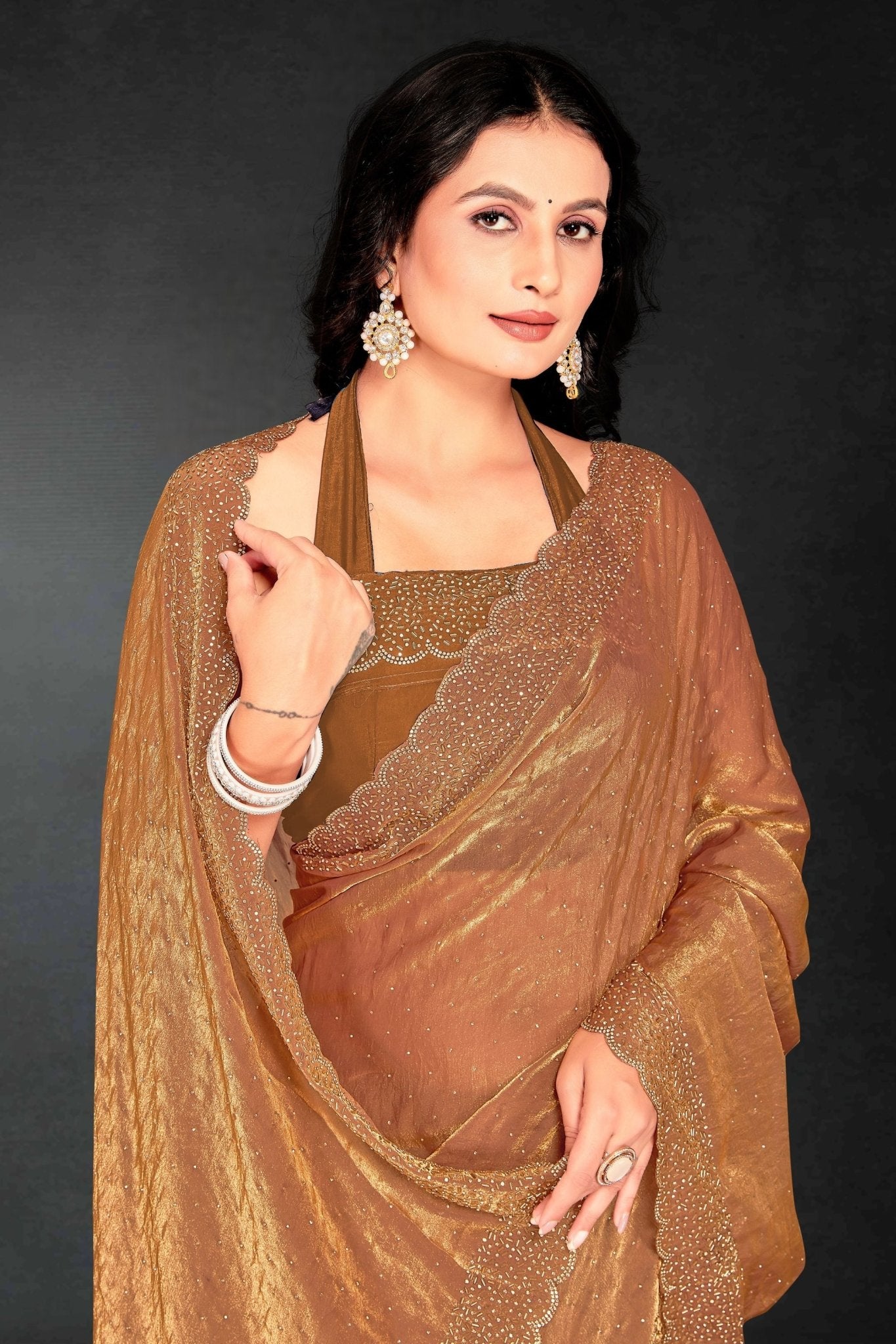 Rust Orange Sequin Embellished Party Wear Fandy Silk Saree with Golden Scallop Border - Mangaldeep NX
