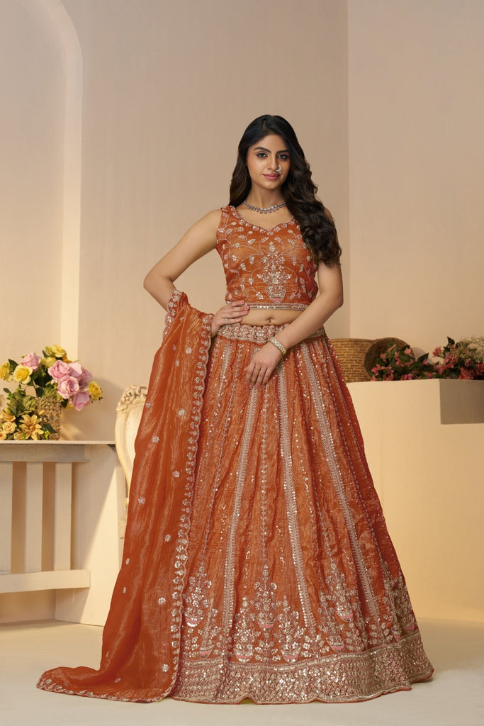 Rust Orange Sequin Embroidered Lehenga Choli with Dupatta - Mangaldeep NX