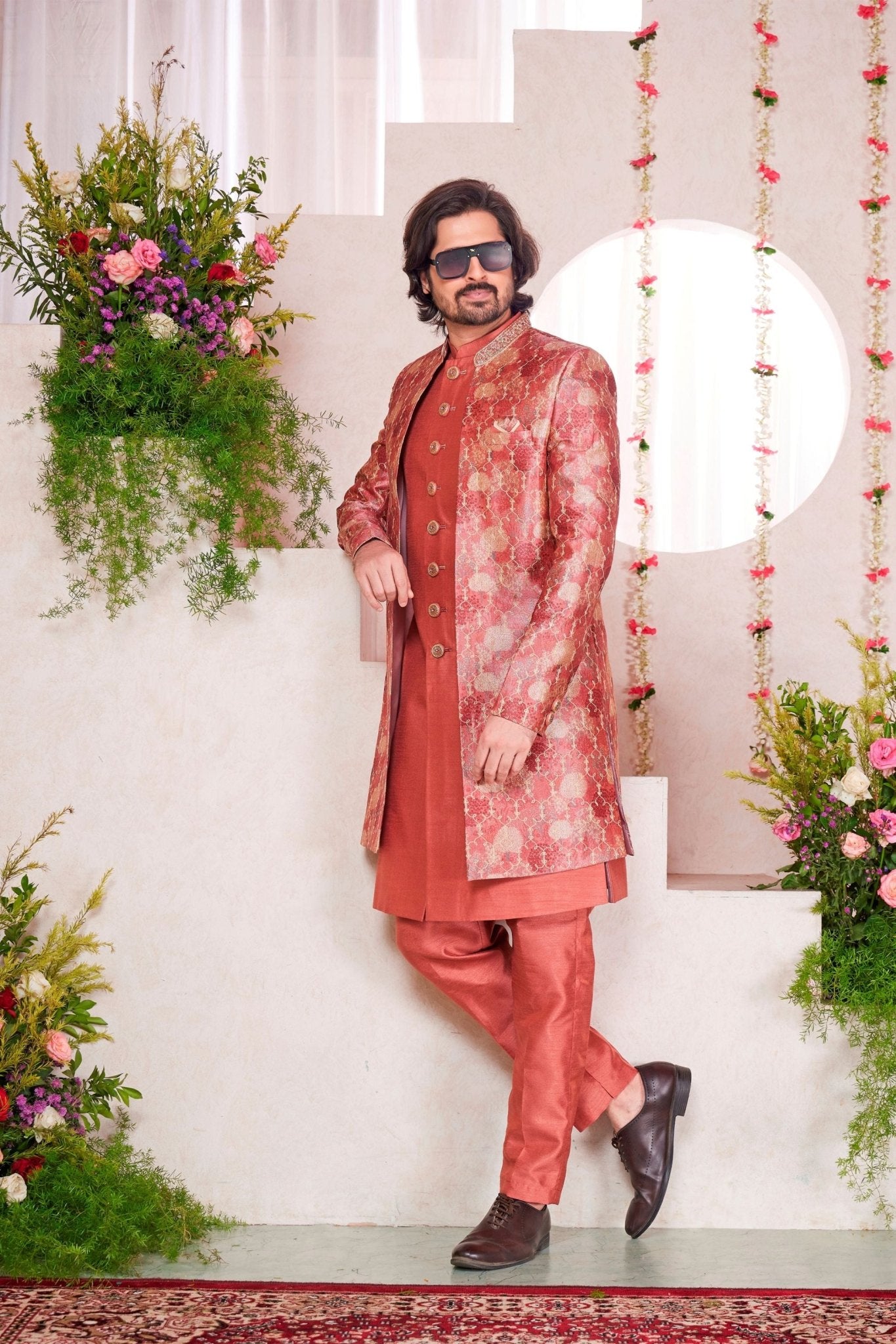 Rust Orange Silk Kurta Set with Gold Brocade Patterned Indo - Western Jacket for Men - Mangaldeep NX
