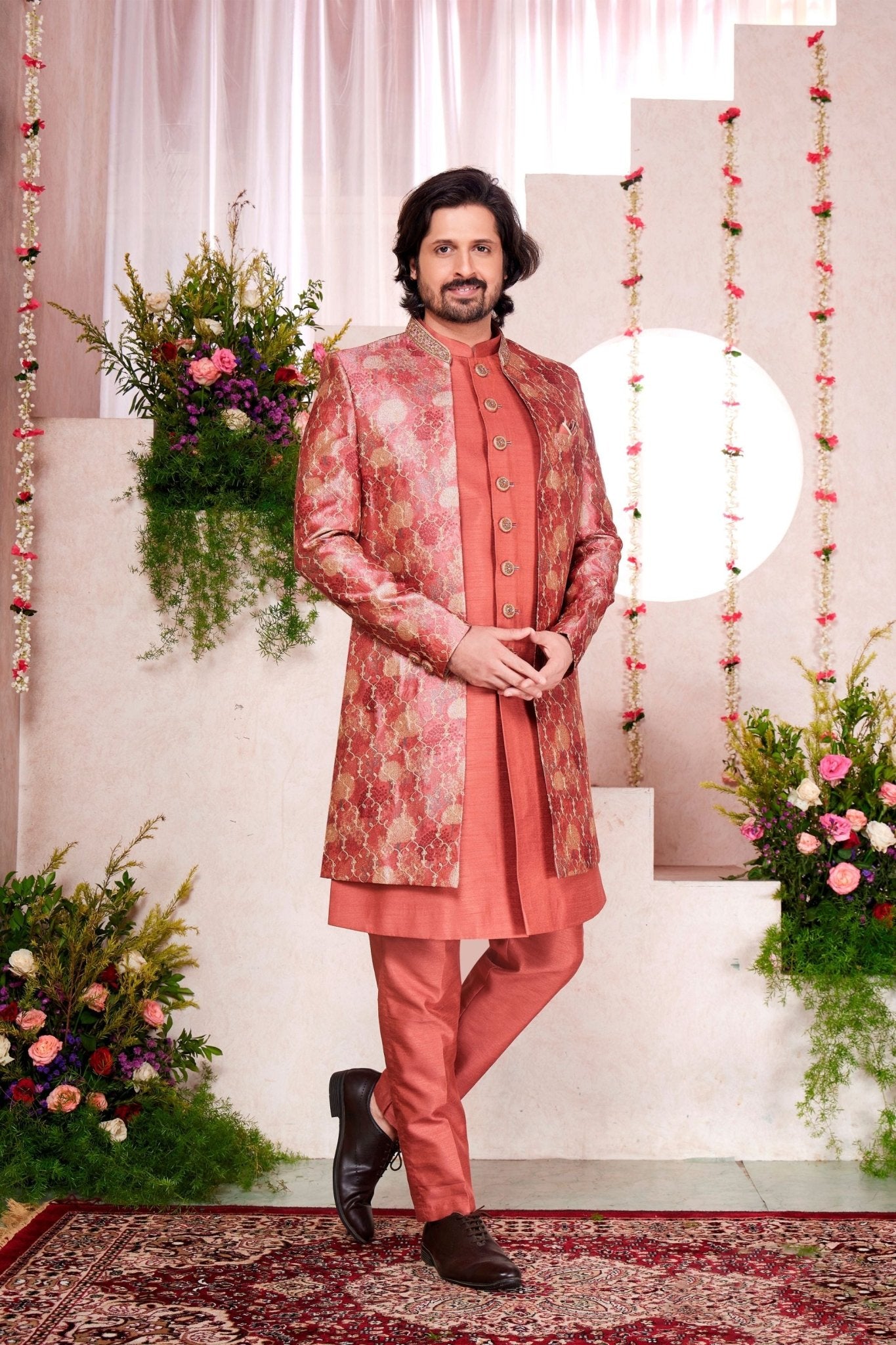 Rust Orange Silk Kurta Set with Gold Brocade Patterned Indo - Western Jacket for Men - Mangaldeep NX