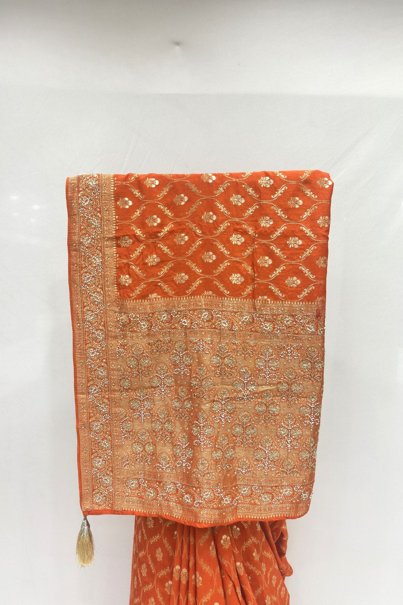 Rust Orange Silk Saree with Gold Zari Embroidery - Mangaldeep NX