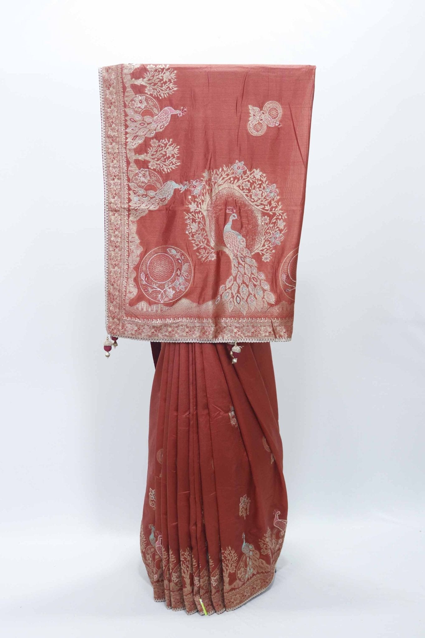 Rust Orange Silk Saree with Woven Peacock Motif and Zari Embroidered Pallu - Mangaldeep NX