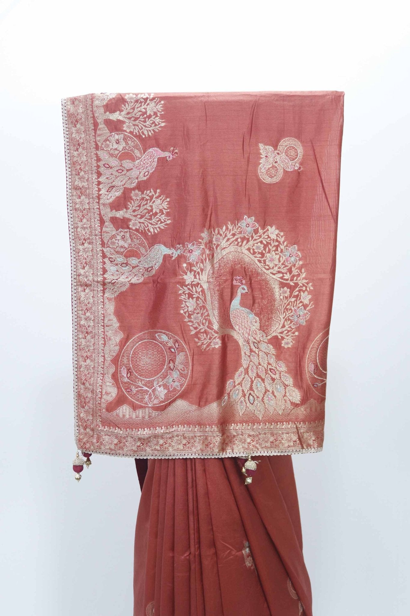 Rust Orange Silk Saree with Woven Peacock Motif and Zari Embroidered Pallu - Mangaldeep NX
