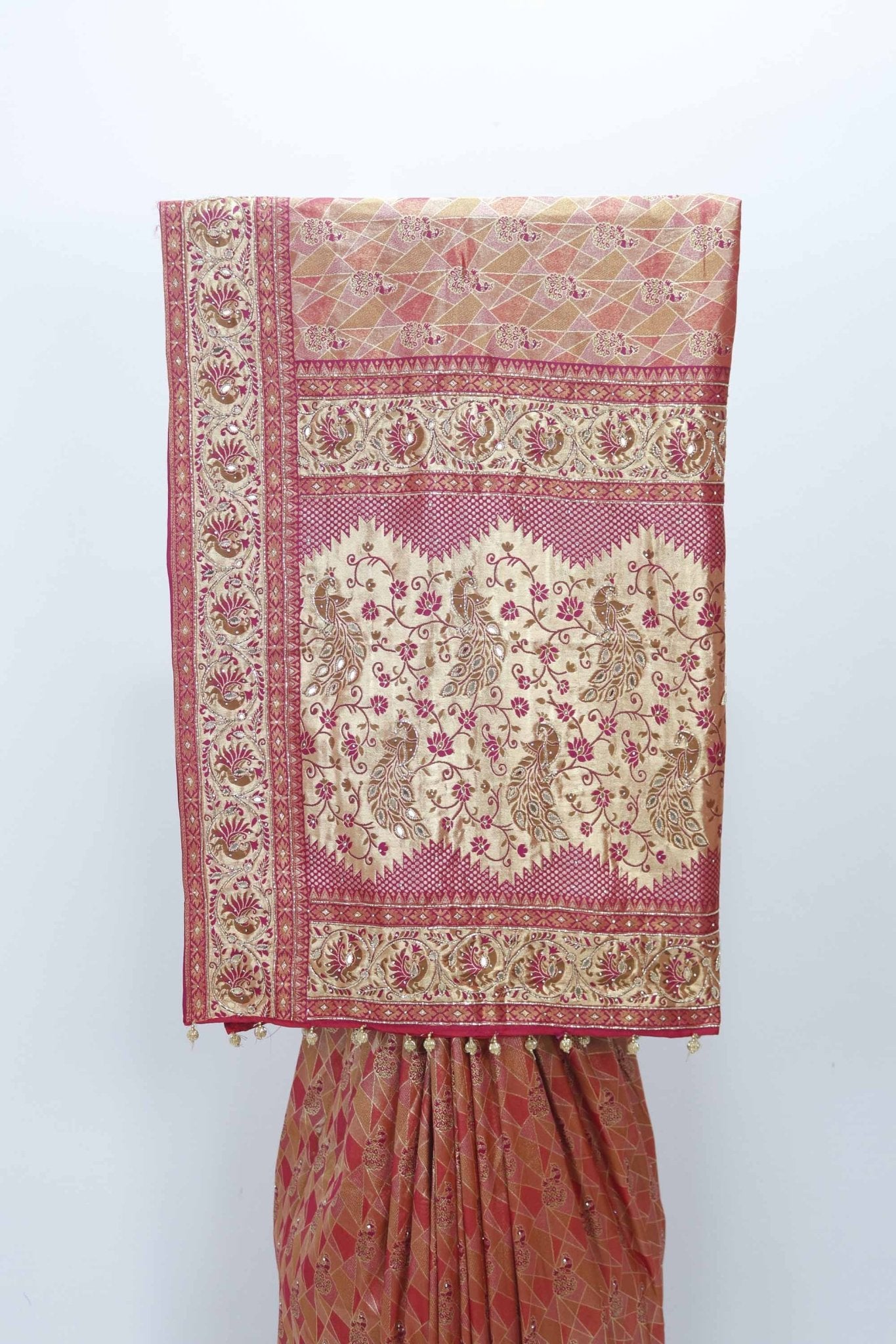 Rust Red Banarasi Silk Saree with Peacock Zari Work and Traditional Border - Mangaldeep NX