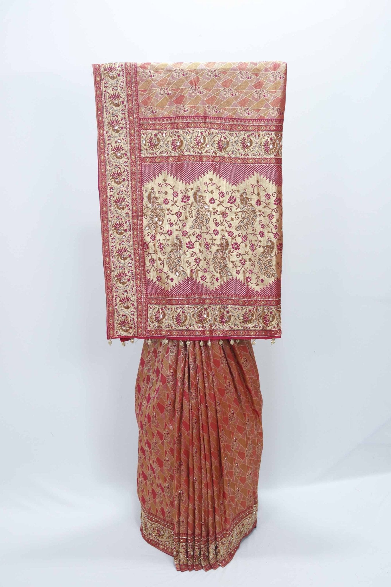Rust Red Banarasi Silk Saree with Peacock Zari Work and Traditional Border - Mangaldeep NX