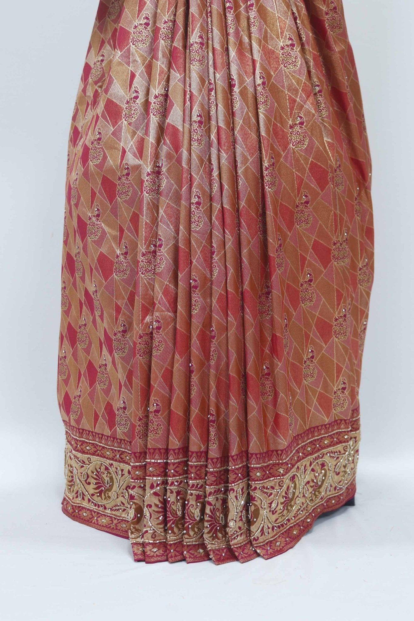 Rust Red Banarasi Silk Saree with Peacock Zari Work and Traditional Border - Mangaldeep NX