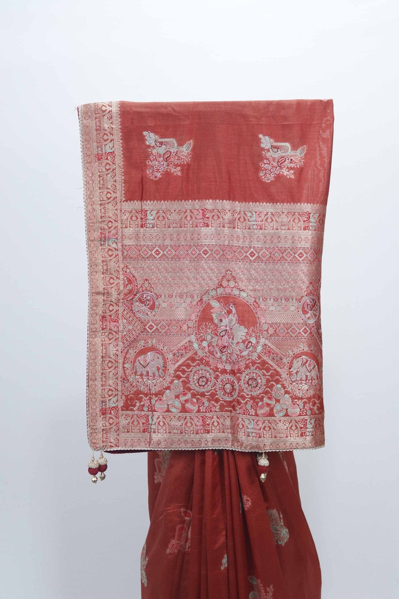 Rust Red Bangalori Silk Saree with Intricate Zari Weaving and Traditional Motifs - Mangaldeep NX
