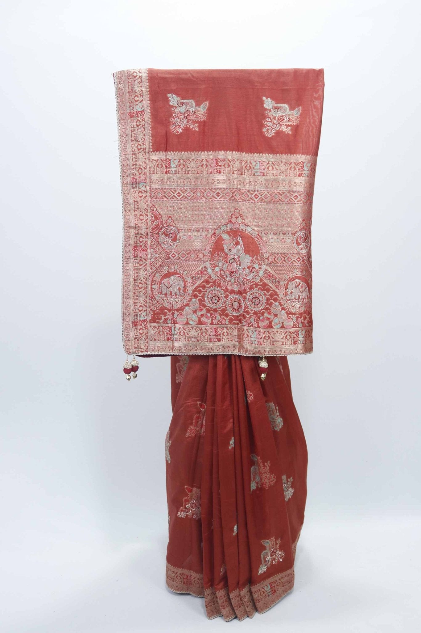 Rust Red Bangalori Silk Saree with Intricate Zari Weaving and Traditional Motifs - Mangaldeep NX