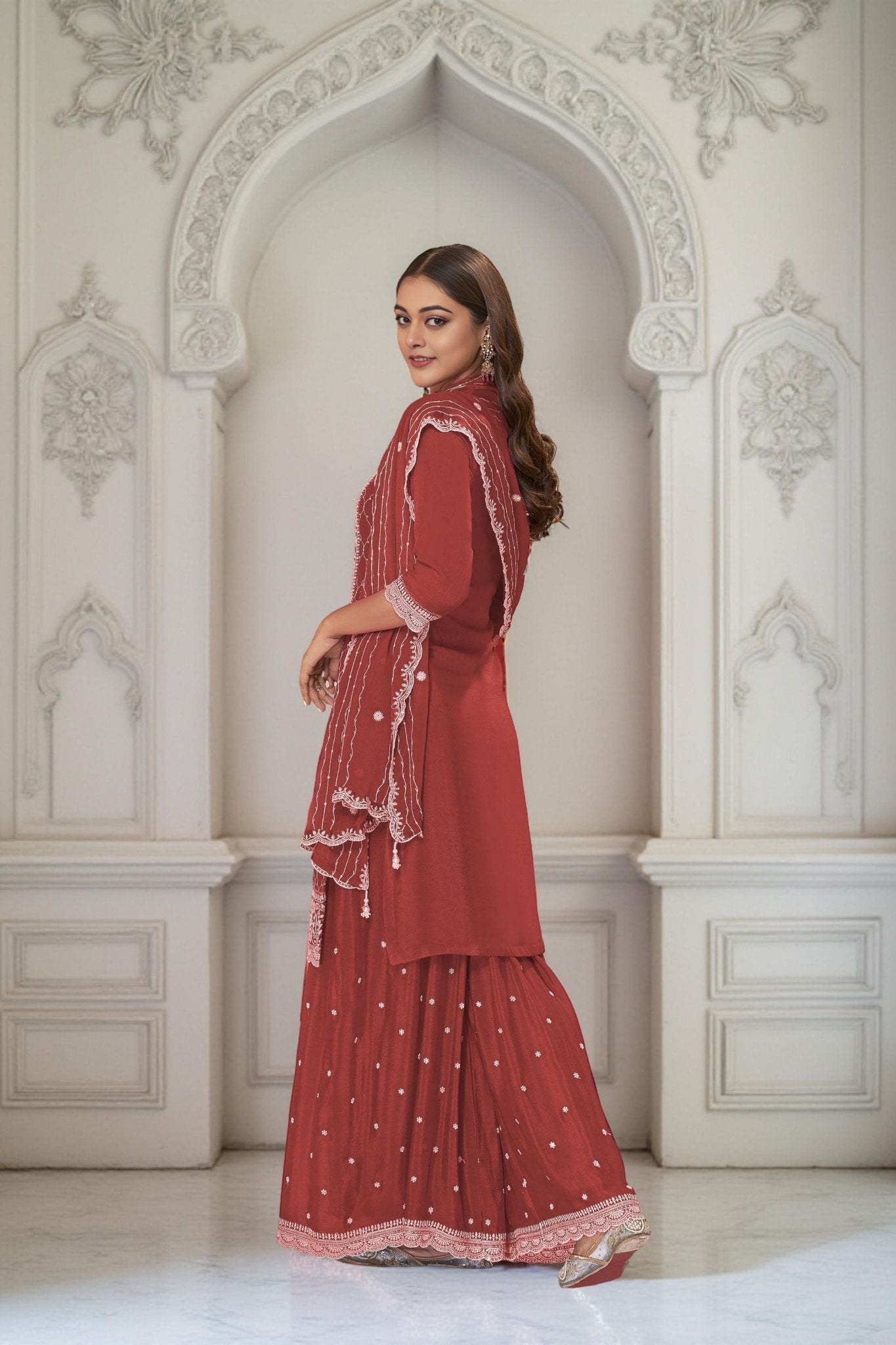 Rust Red Chinon Embroidered Readymade Palazzo Suit with Dupatta - Mangaldeep NX