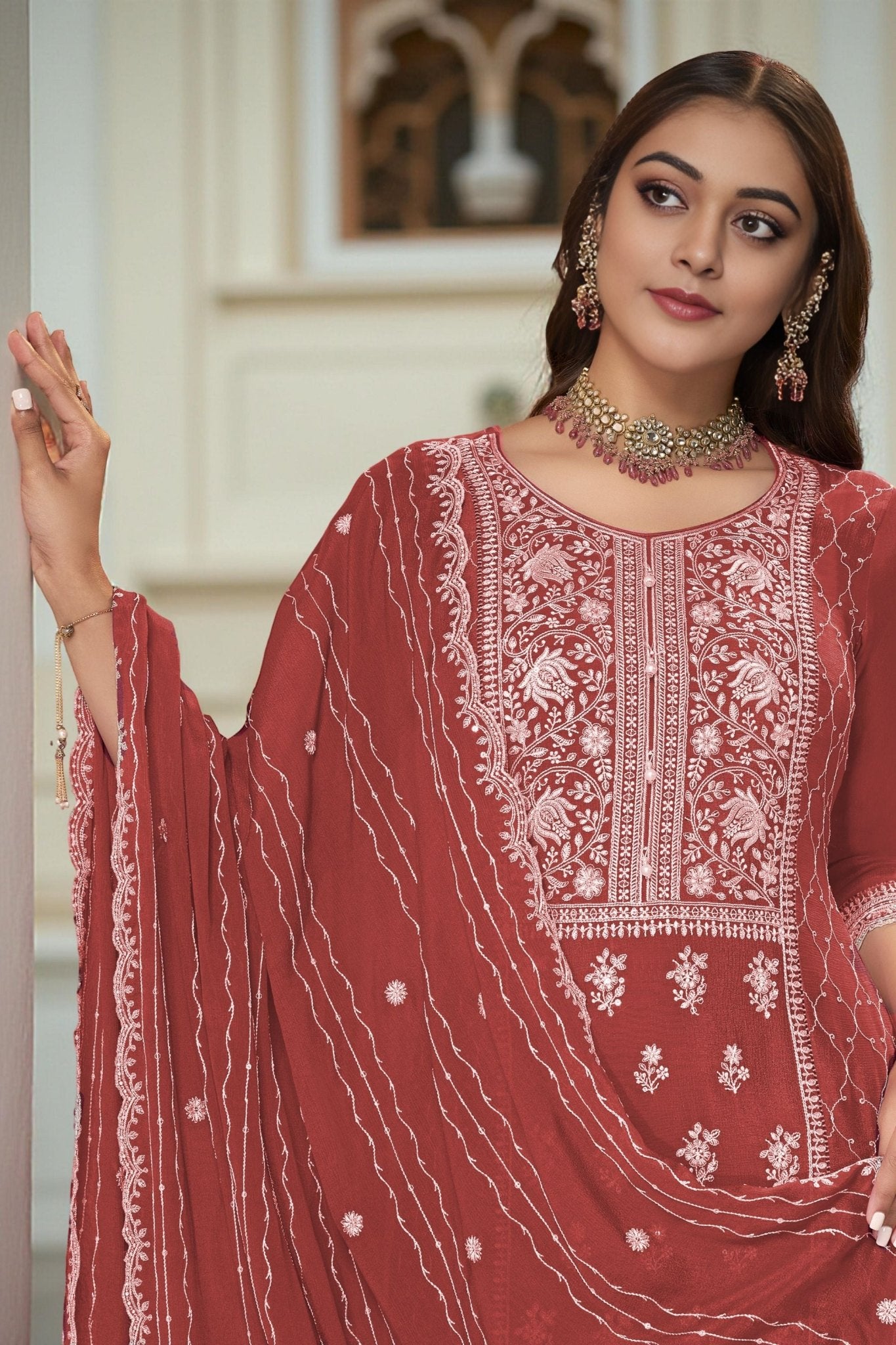 Rust Red Chinon Embroidered Readymade Palazzo Suit with Dupatta - Mangaldeep NX