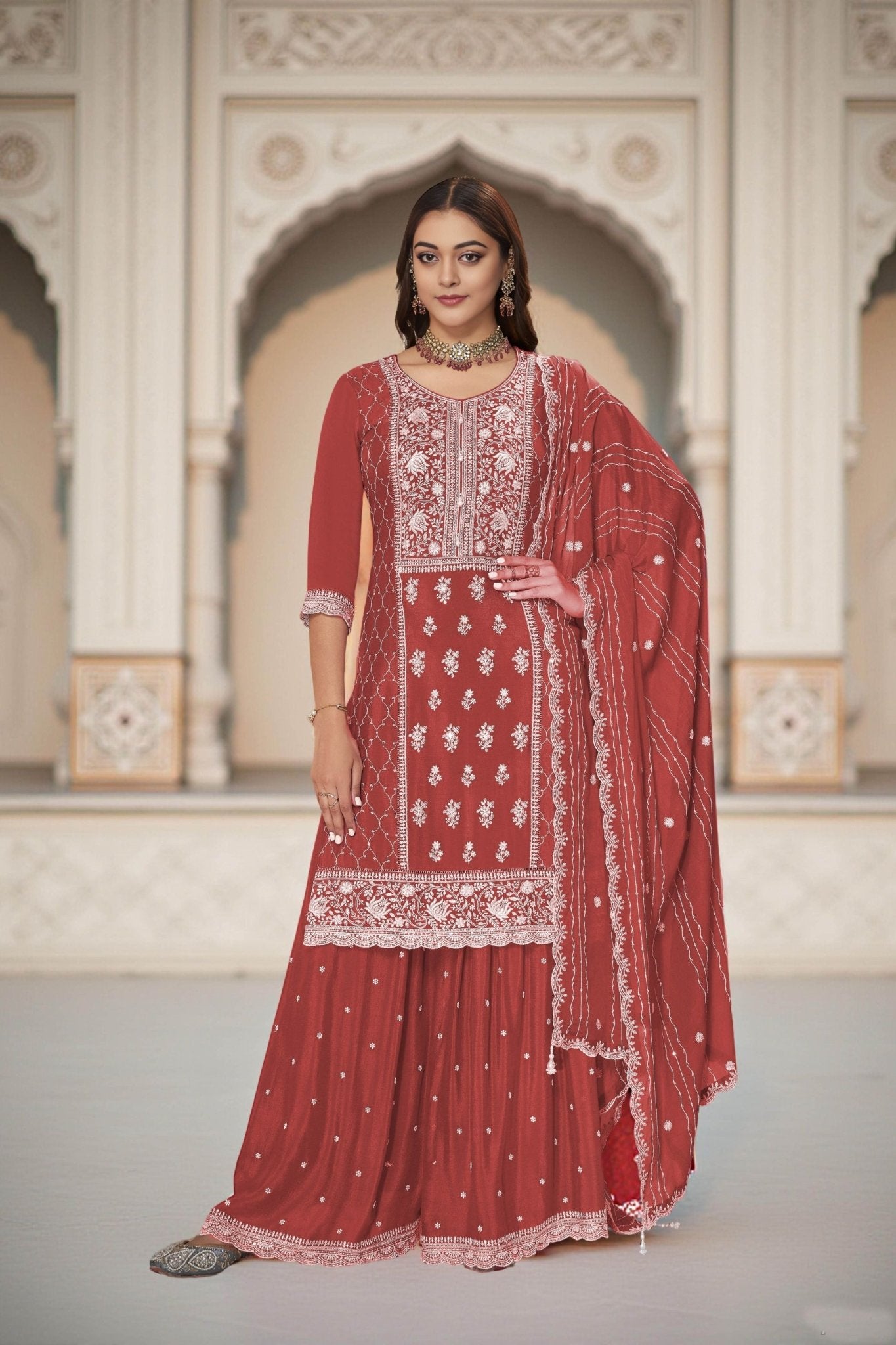 Rust Red Chinon Embroidered Readymade Palazzo Suit with Dupatta - Mangaldeep NX