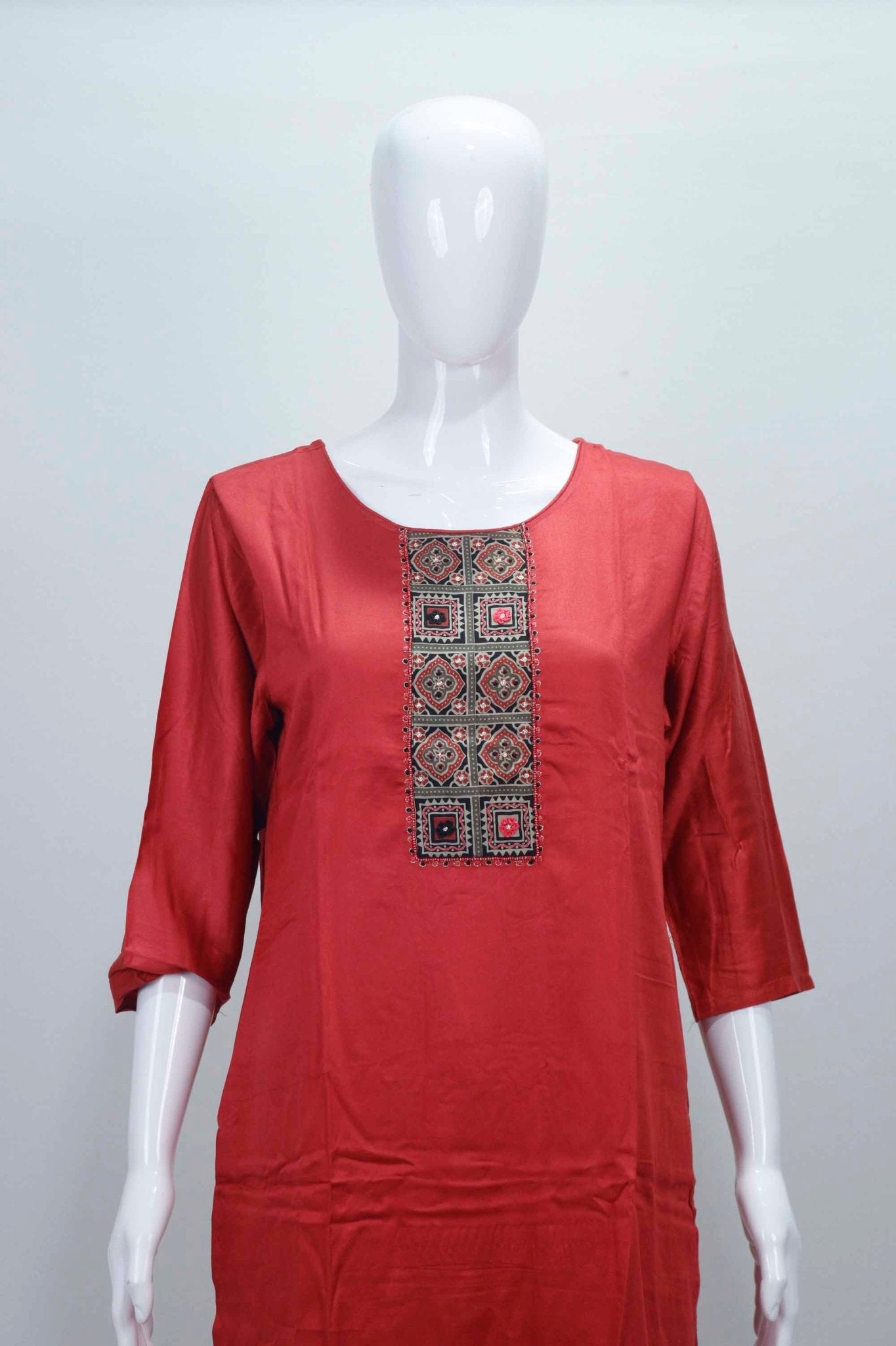 Rust Red Cotton Kurta Set with Embroidered Yoke and Black Printed Dupatta - Mangaldeep NX