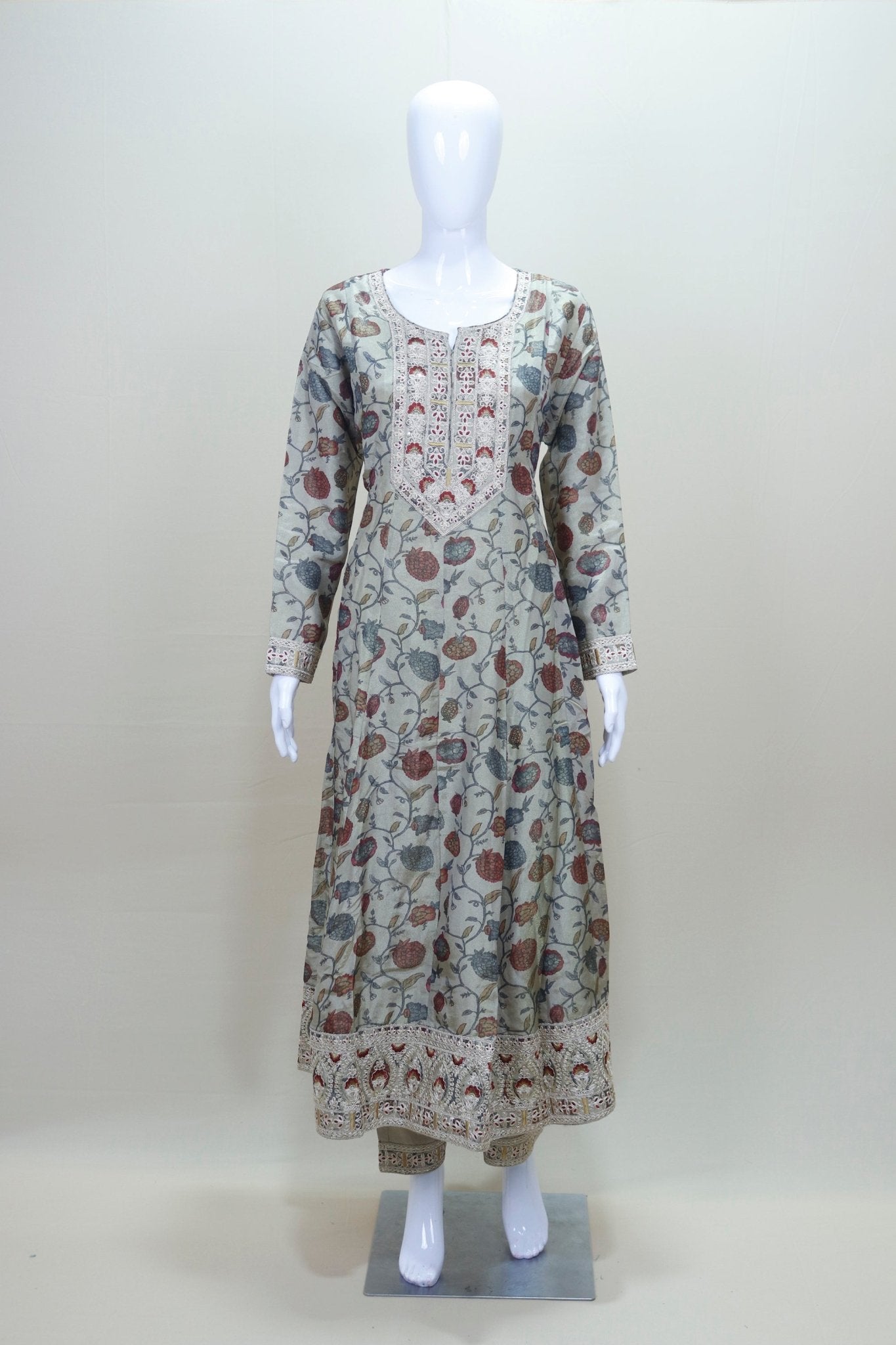 Sage Green Floral Embroidered Anarkali Suit with Matching Dupatta - Mangaldeep NX