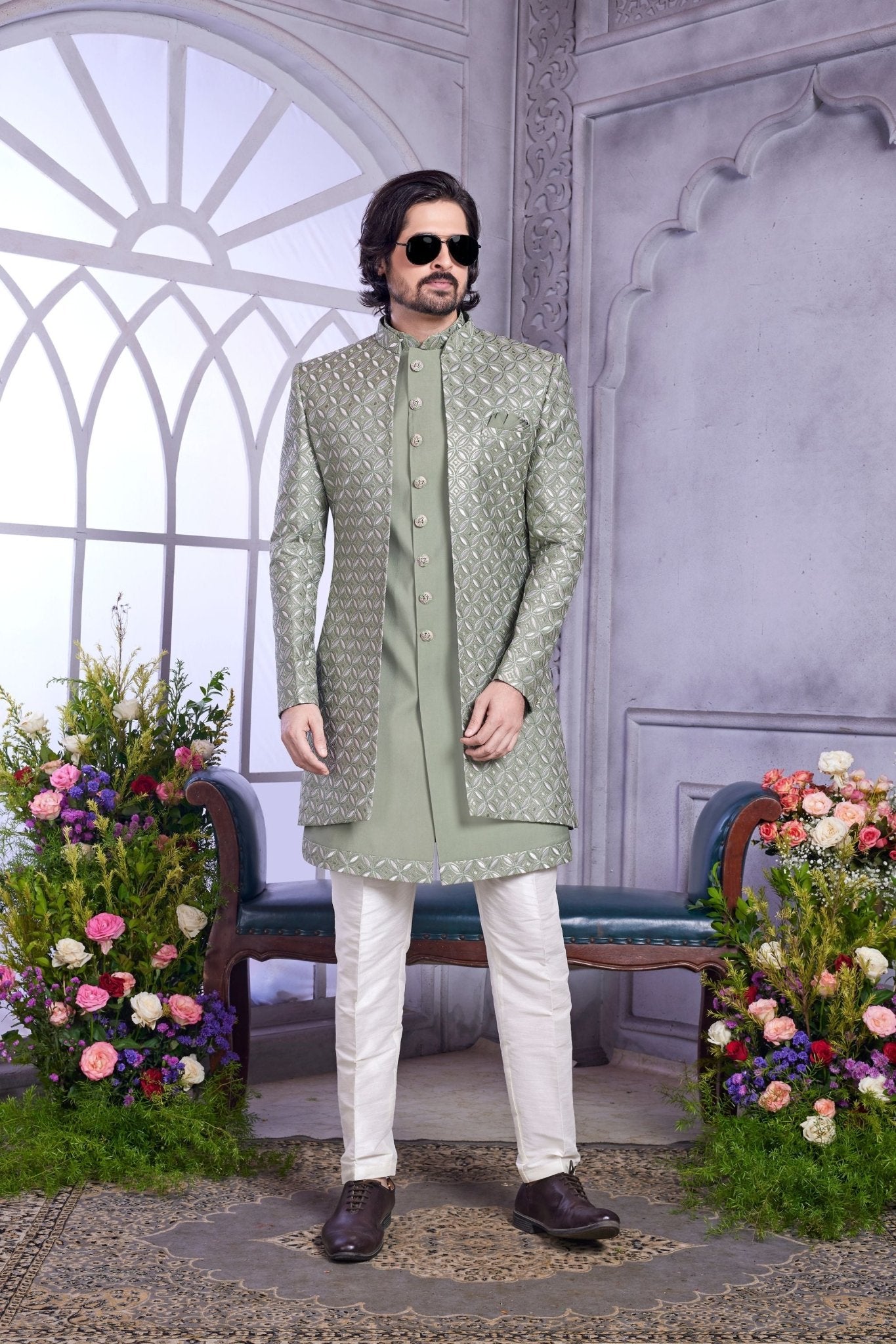 Sage Green Textured Indo Western with Embroidered Jacket for Men. - Mangaldeep NX
