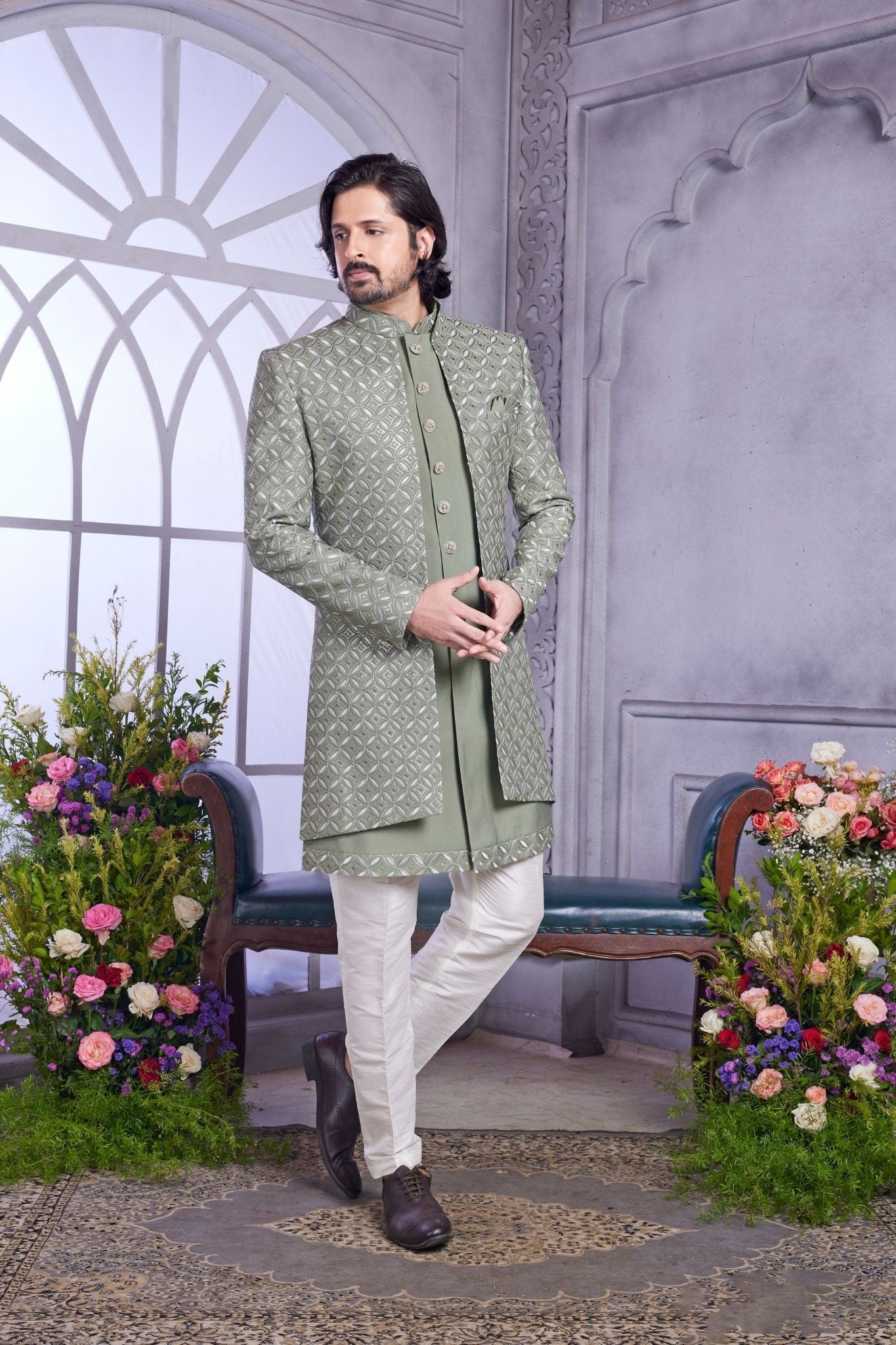 Sage Green Textured Indo Western with Embroidered Jacket for Men. - Mangaldeep NX