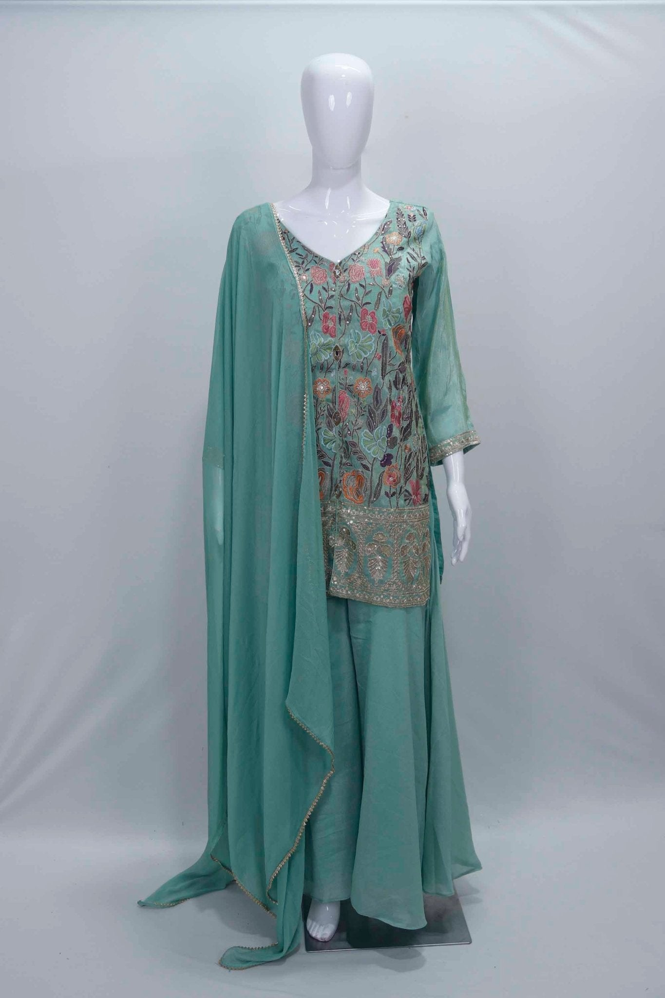 Sea Green Embroidered Georgette Palazzo Set with Floral Thread Work and Matching Dupatta - Mangaldeep NX