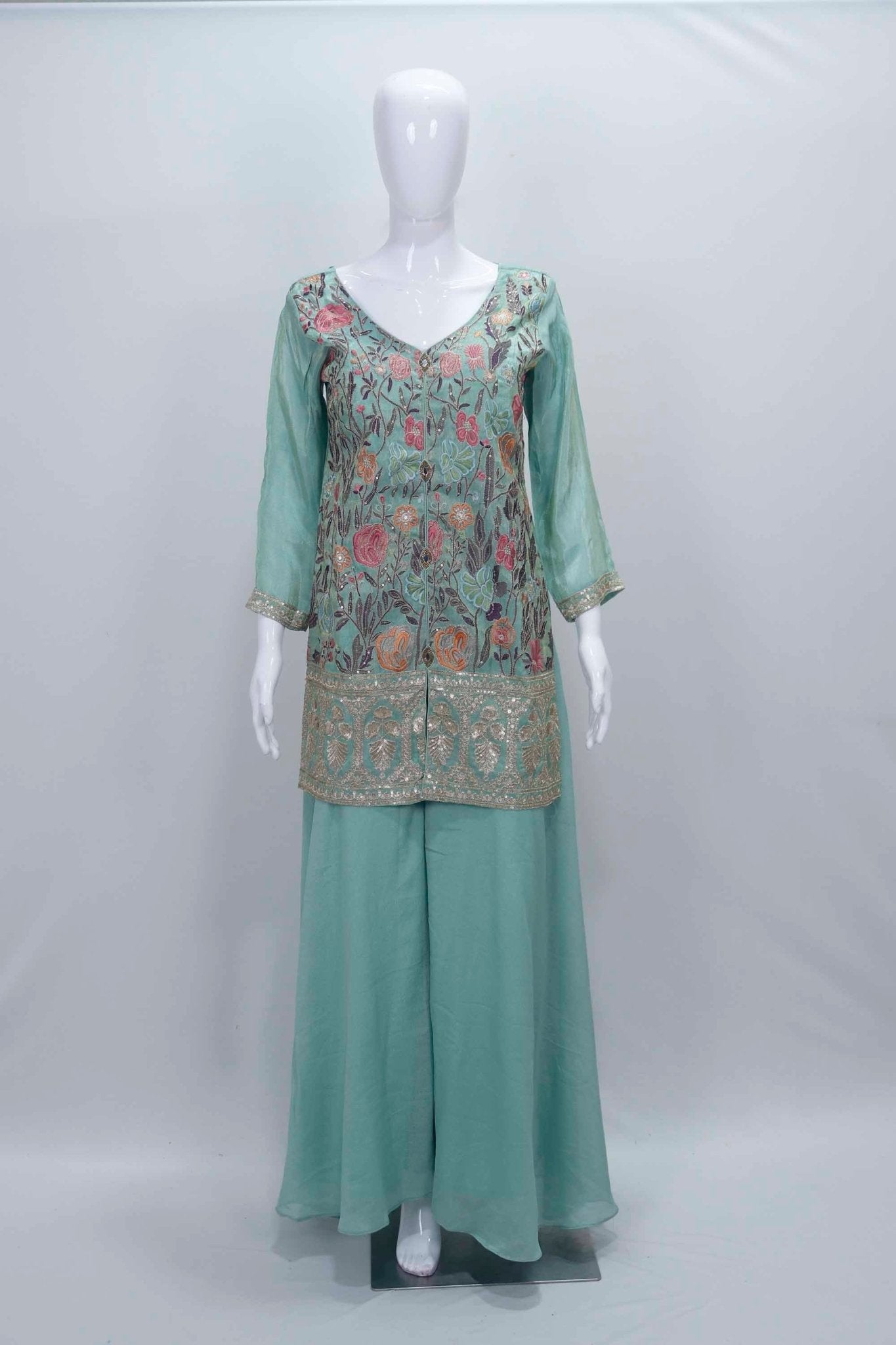 Sea Green Embroidered Georgette Palazzo Set with Floral Thread Work and Matching Dupatta - Mangaldeep NX