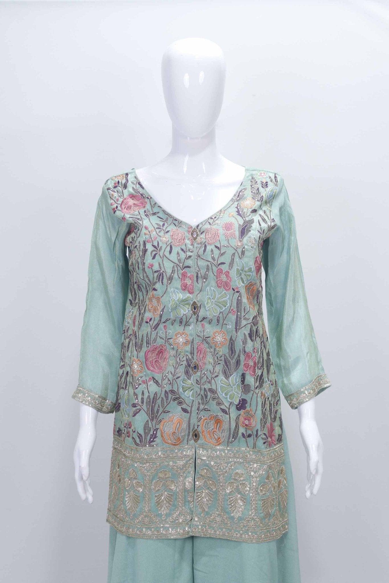 Sea Green Embroidered Georgette Palazzo Set with Floral Thread Work and Matching Dupatta - Mangaldeep NX