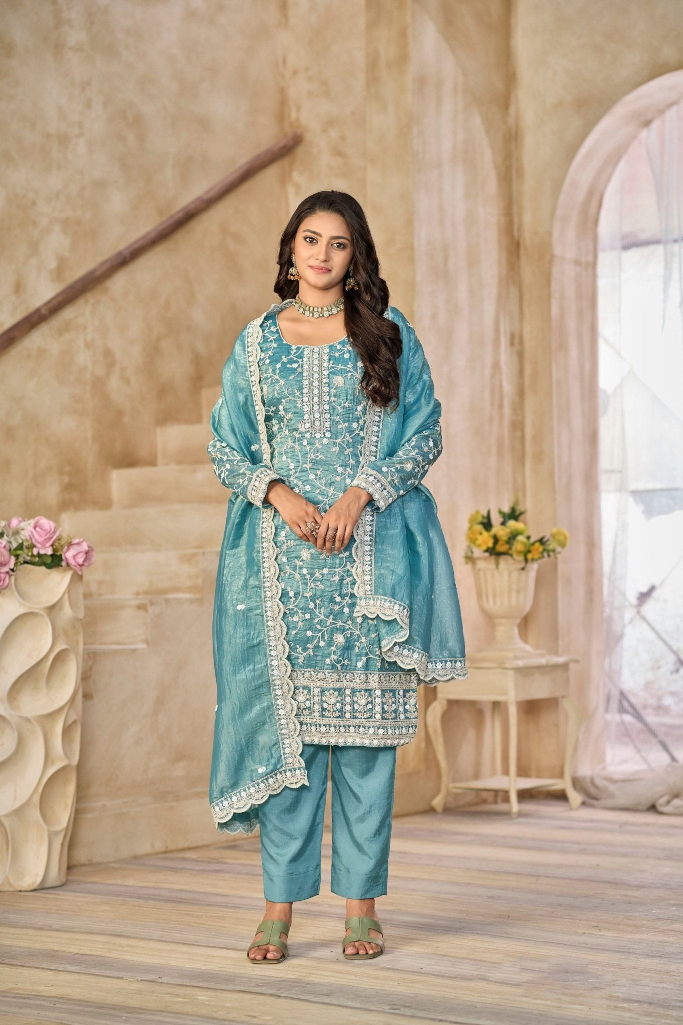 Sea Green Embroidered Straight Salwar Suit with Matching Dupatta - Mangaldeep NX
