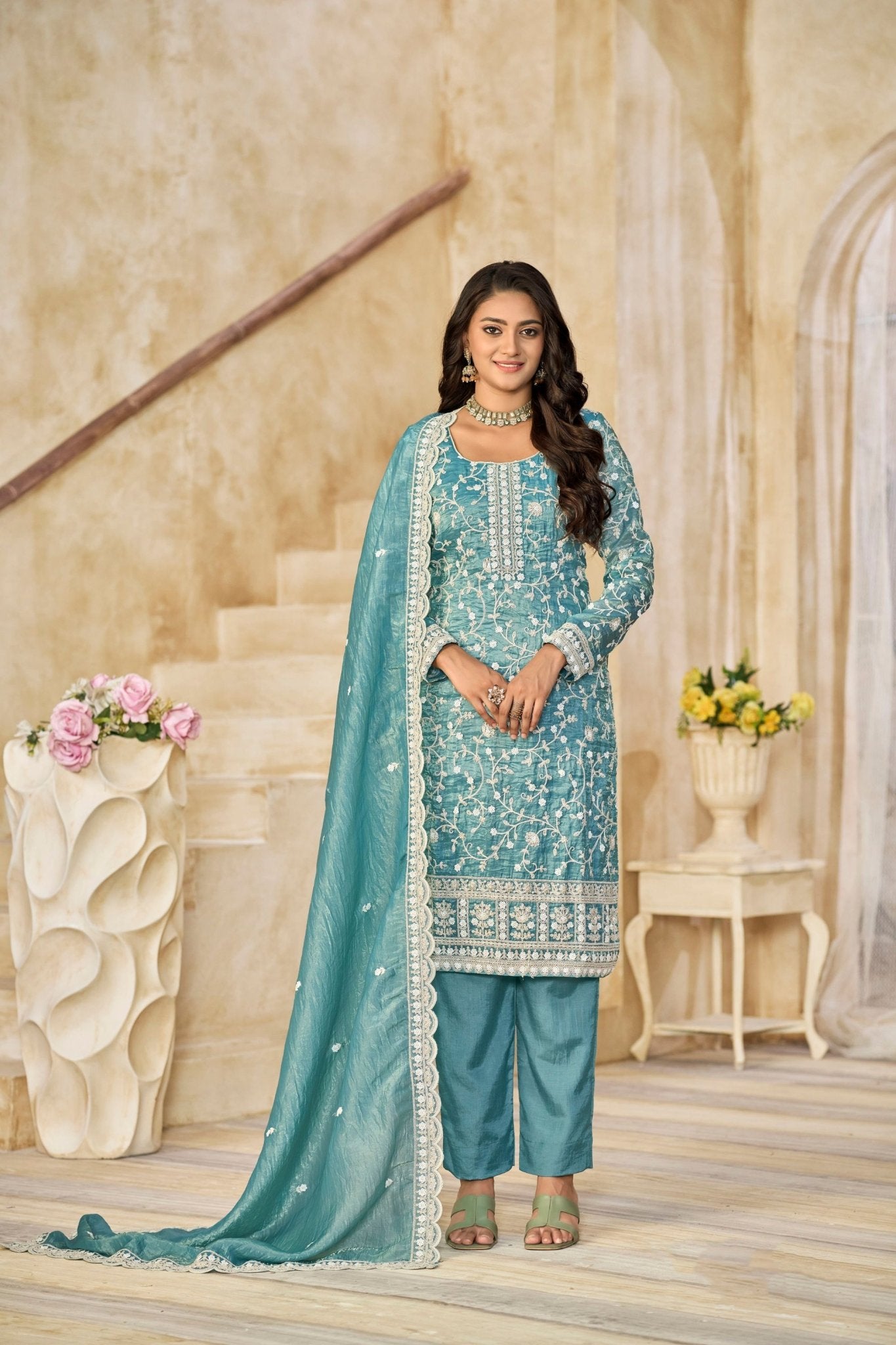 Sea Green Embroidered Straight Salwar Suit with Matching Dupatta - Mangaldeep NX