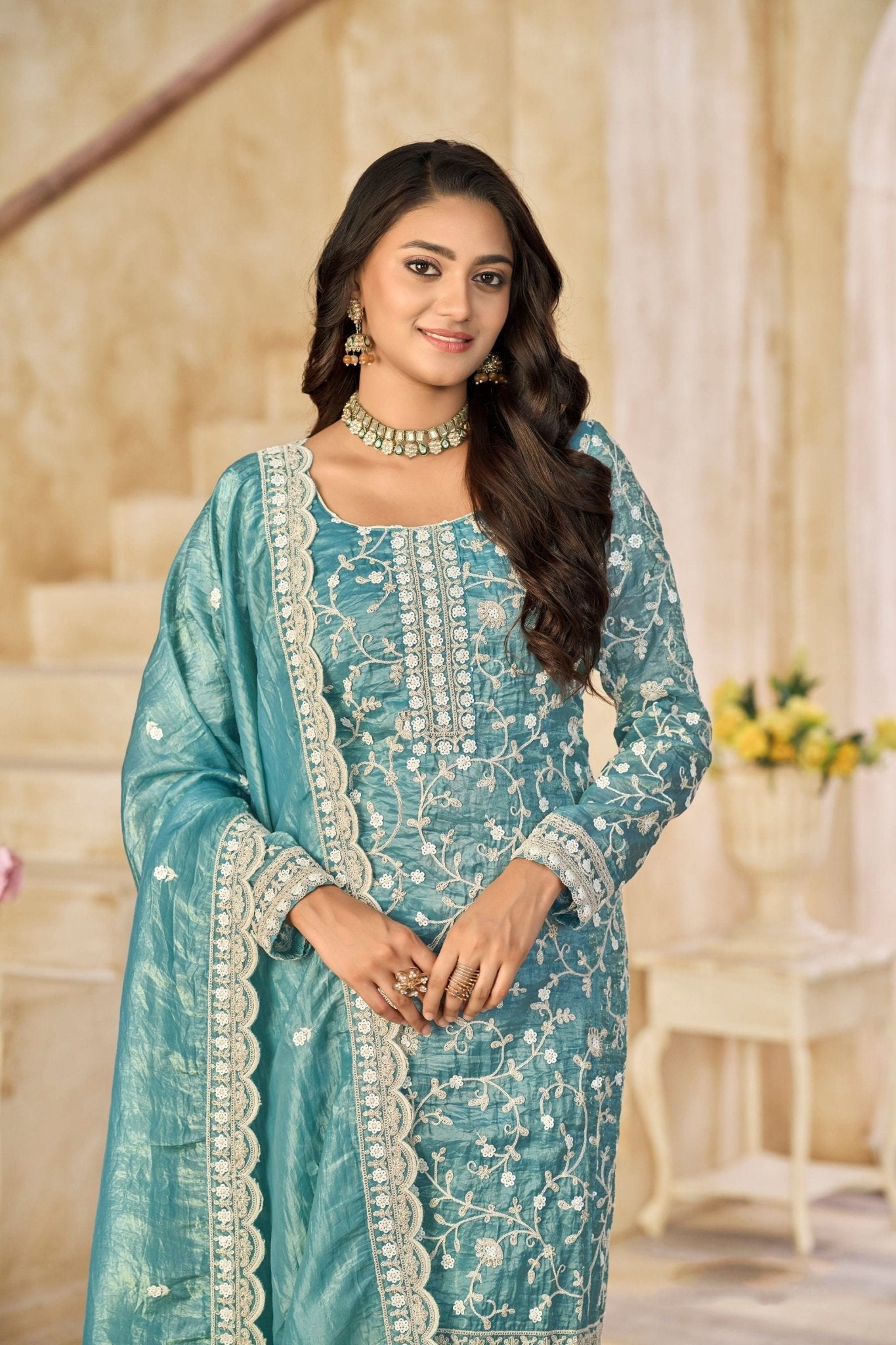 Sea Green Embroidered Straight Salwar Suit with Matching Dupatta - Mangaldeep NX
