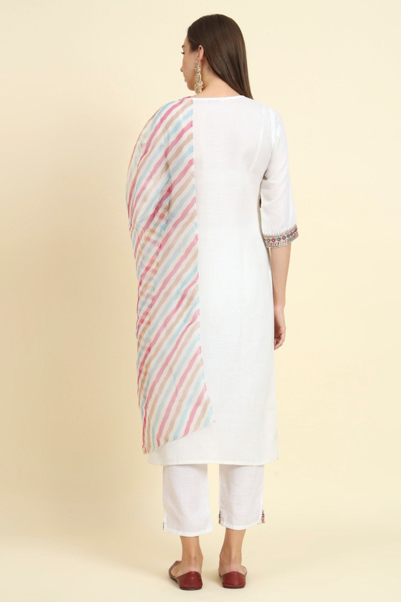 Sensible White Cotton Blend Salwar Suit with Multicolor Dupatta - Mangaldeep NX