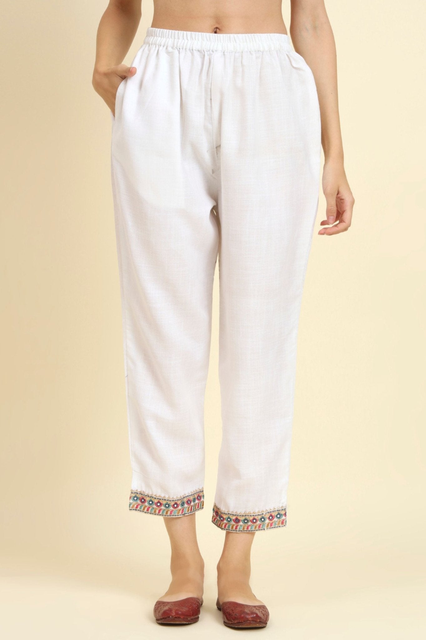 Sensible White Cotton Blend Salwar Suit with Multicolor Dupatta - Mangaldeep NX