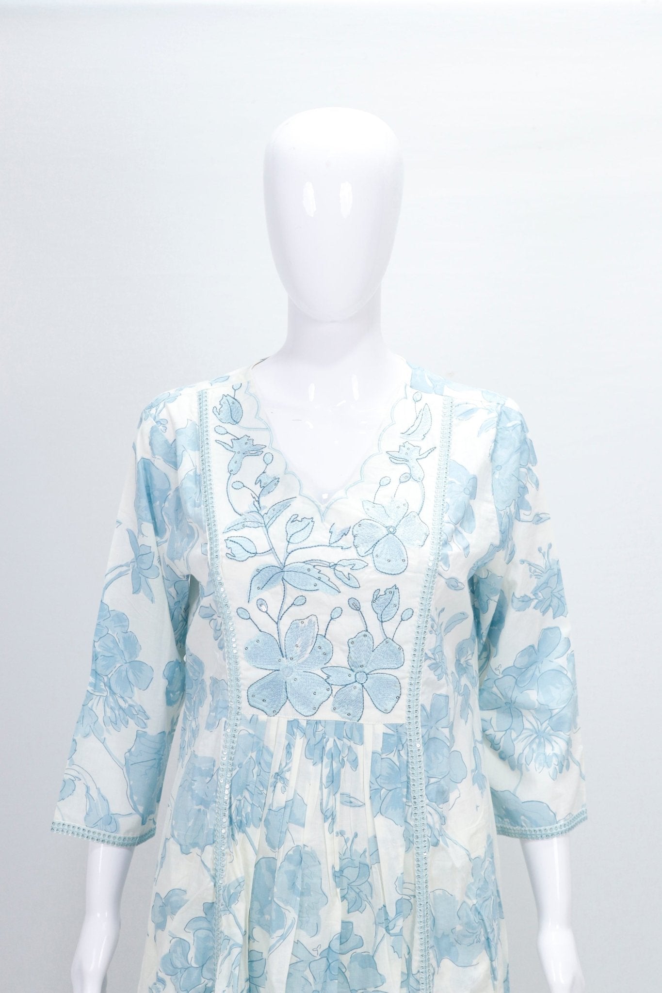 Sky Blue and White Floral Printed Cotton Salwar Suit with Dupatta - Mangaldeep NX