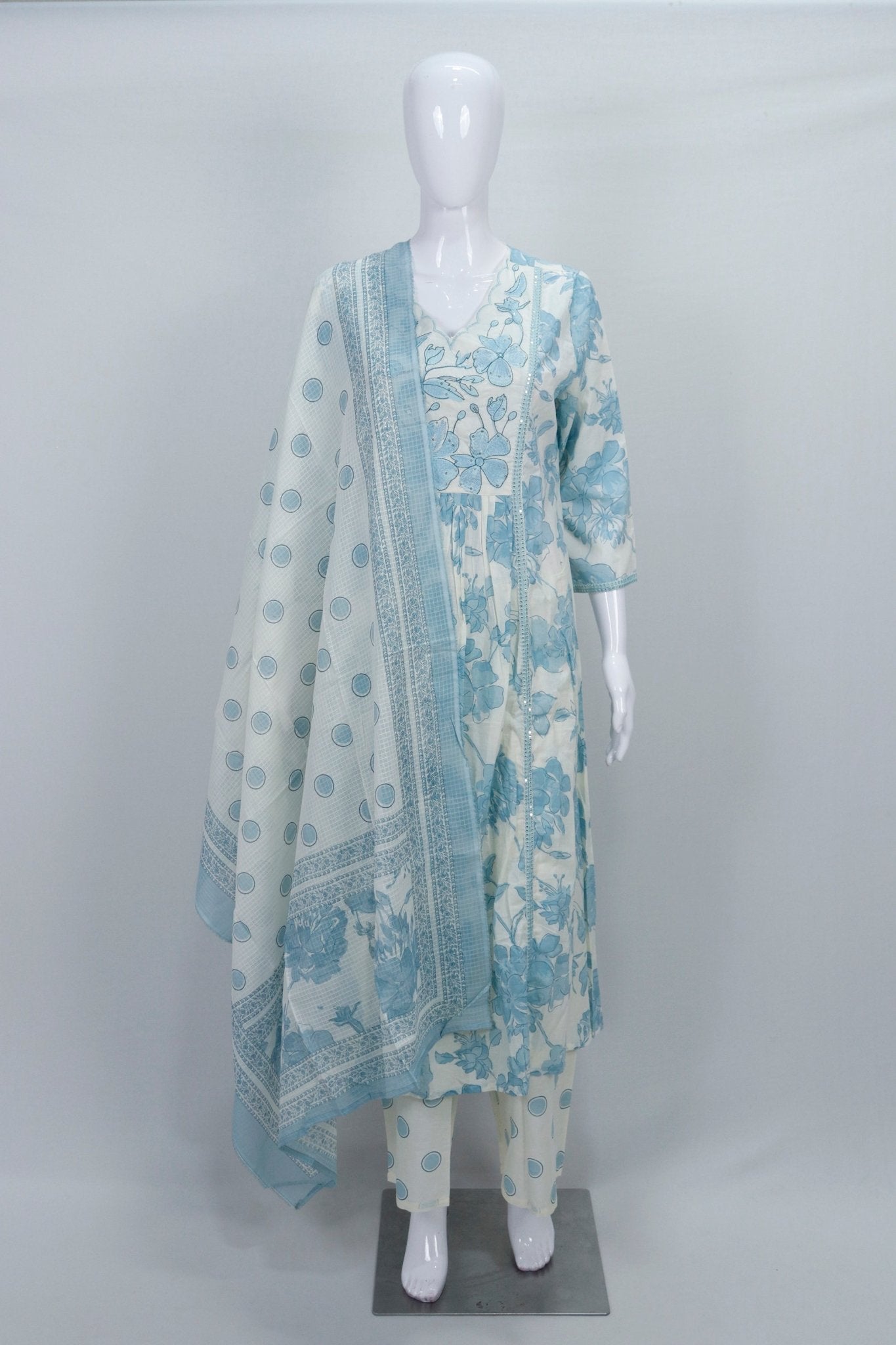 Sky Blue and White Floral Printed Cotton Salwar Suit with Dupatta - Mangaldeep NX